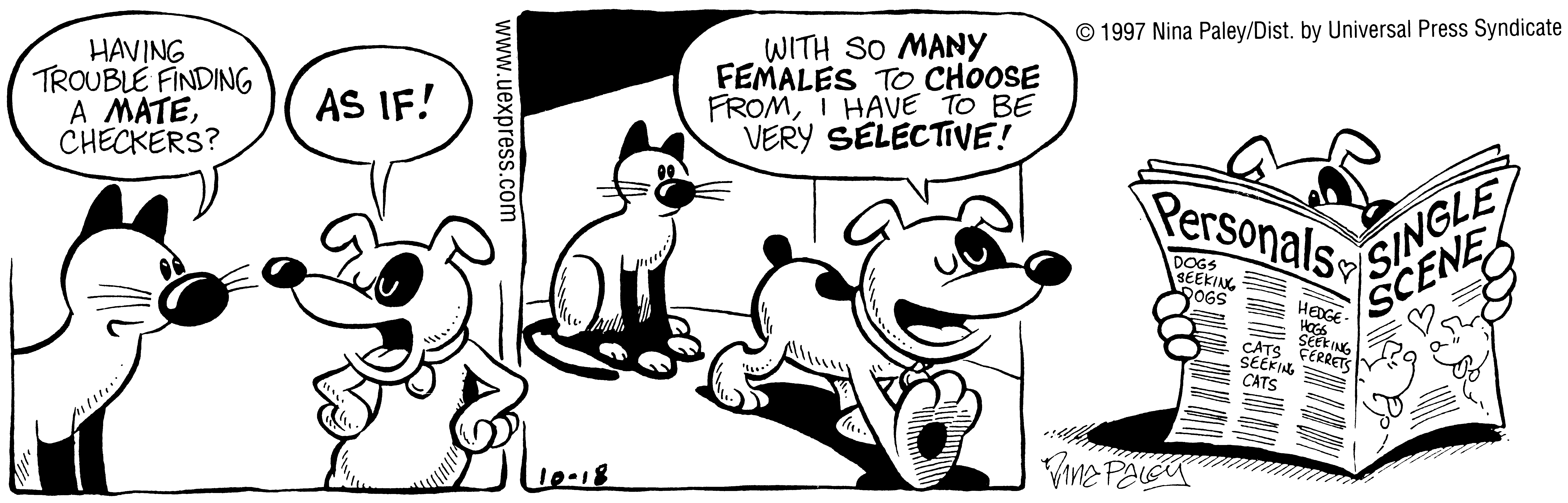 Fluff daily strip, Oct 18, 1997. Nina Paley, CC BY-SA 3.0 US. Print master from https://archive.org/details/FluffComicStrips (TIFF converted losslessly to PNG for the web).