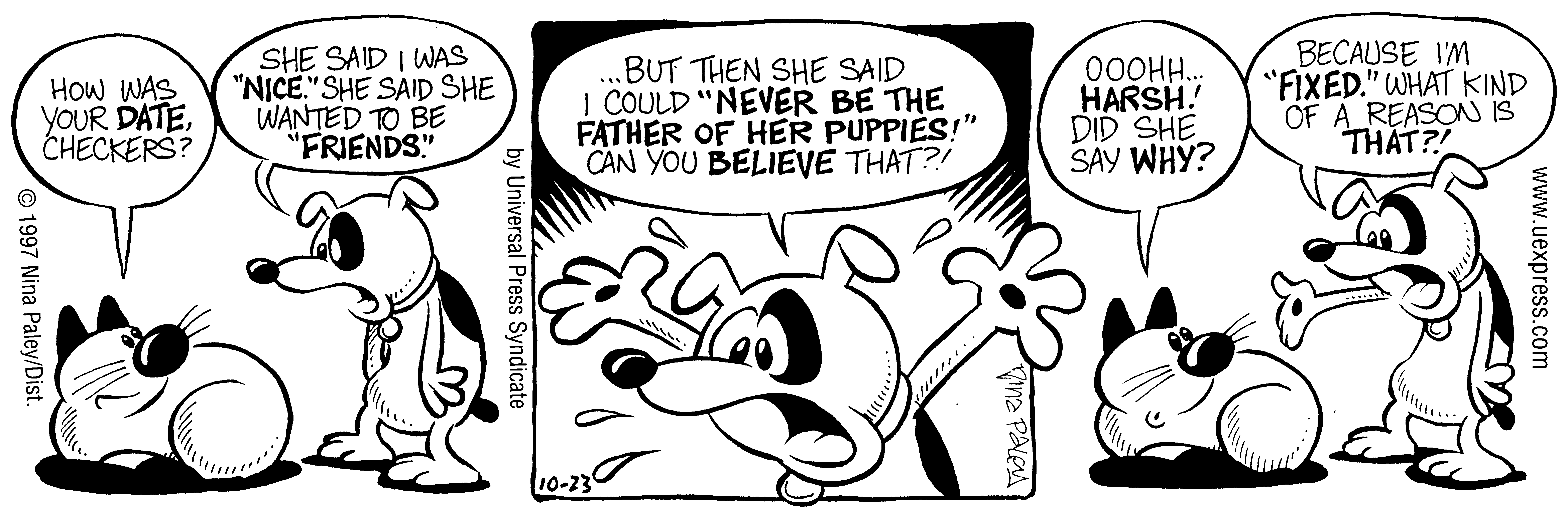 Fluff daily strip, Oct 23, 1997. Nina Paley, CC BY-SA 3.0 US. Print master from https://archive.org/details/FluffComicStrips (TIFF converted losslessly to PNG for the web).