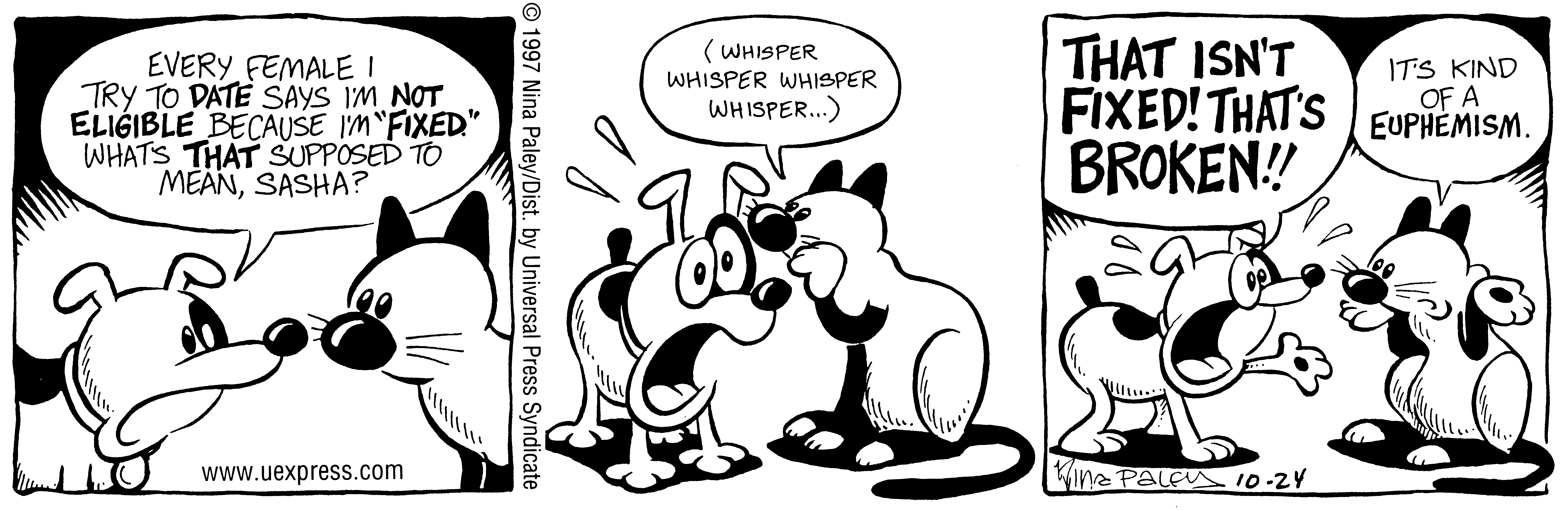 Fluff daily strip, Oct 24, 1997. Nina Paley, CC BY-SA 3.0 US. Print master from https://archive.org/details/FluffComicStrips (TIFF converted losslessly to PNG for the web).