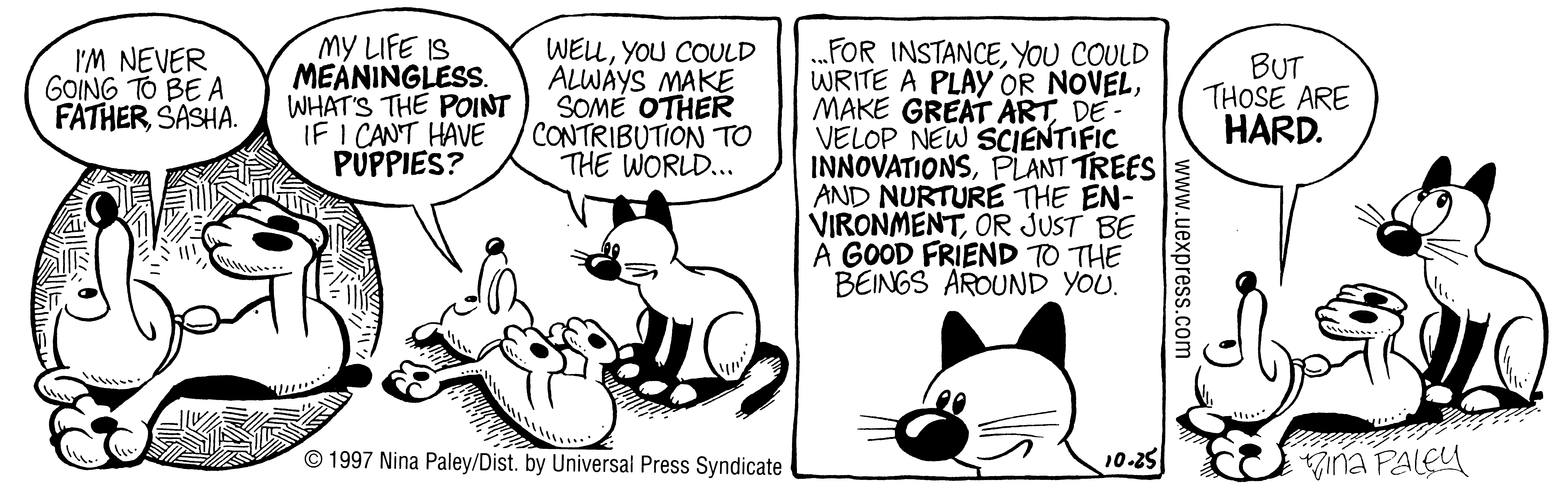 Fluff daily strip, Oct 25, 1997. Nina Paley, CC BY-SA 3.0 US. Print master from https://archive.org/details/FluffComicStrips (TIFF converted losslessly to PNG for the web).