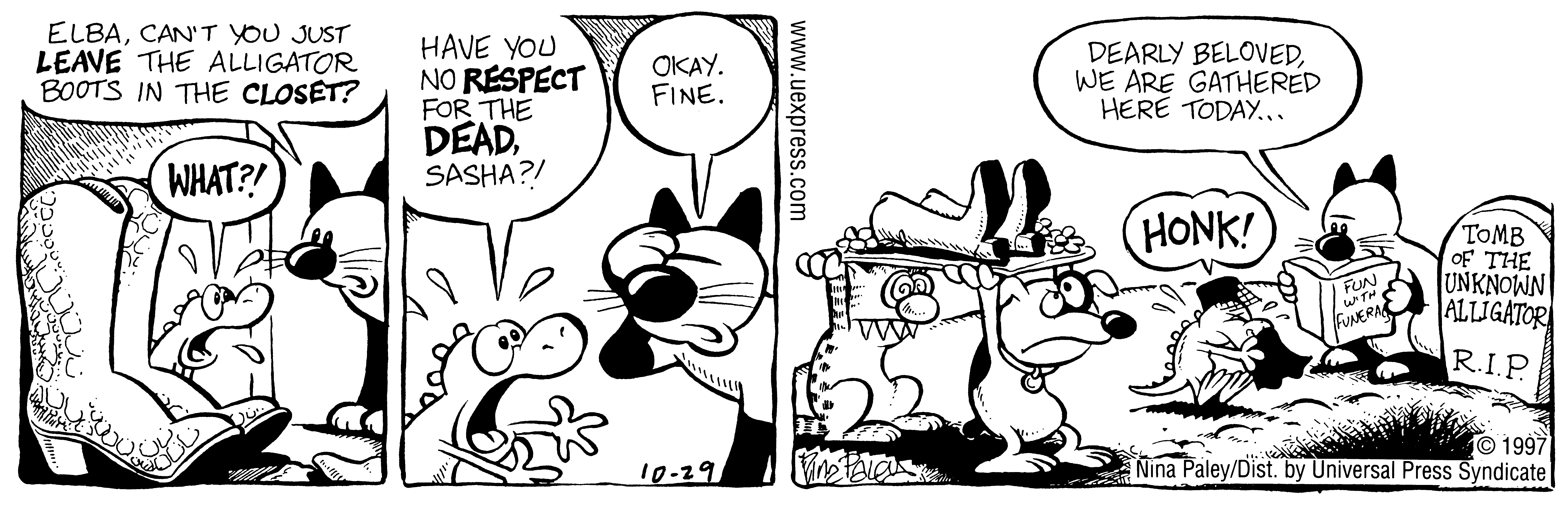 Fluff daily strip, Oct 29, 1997. Nina Paley, CC BY-SA 3.0 US. Print master from https://archive.org/details/FluffComicStrips (TIFF converted losslessly to PNG for the web).