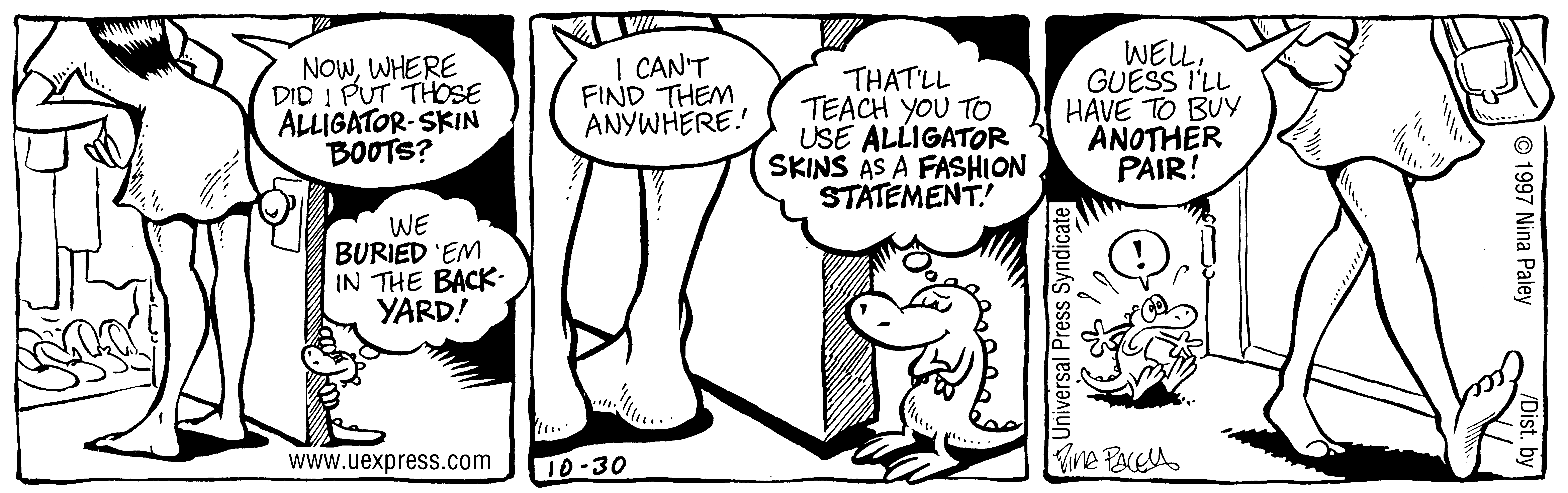 Fluff daily strip, Oct 30, 1997. Nina Paley, CC BY-SA 3.0 US. Print master from https://archive.org/details/FluffComicStrips (TIFF converted losslessly to PNG for the web).