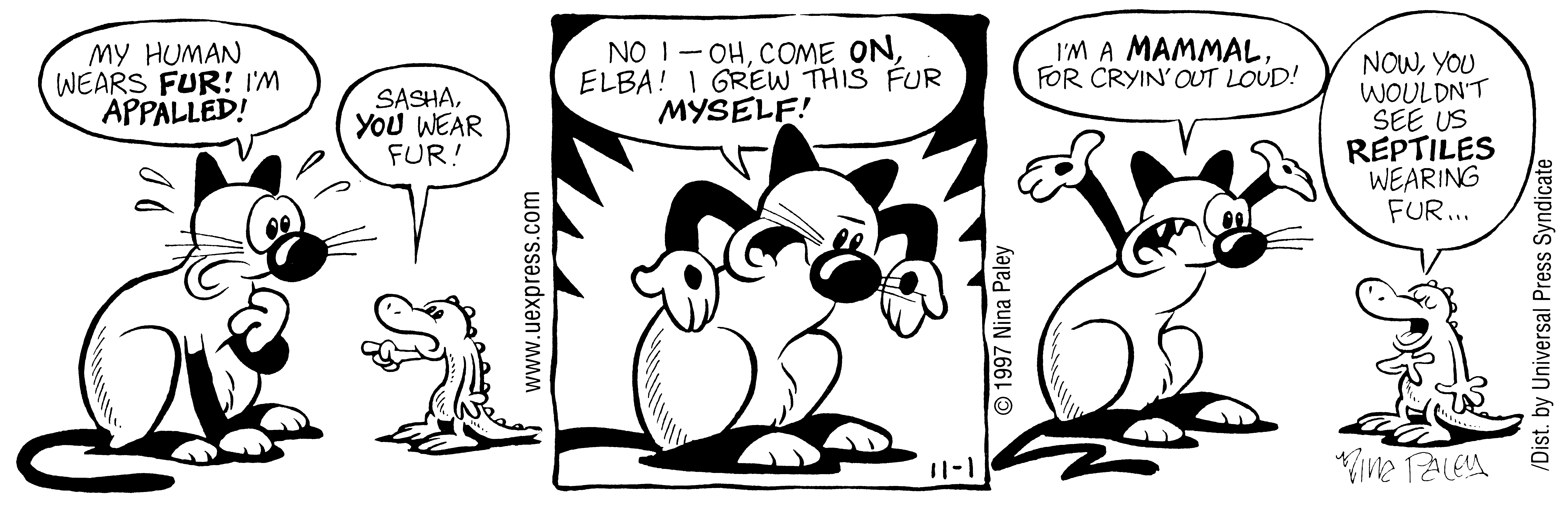 Fluff daily strip, Nov 1, 1997. Nina Paley, CC BY-SA 3.0 US. Print master from https://archive.org/details/FluffComicStrips (TIFF converted losslessly to PNG for the web).