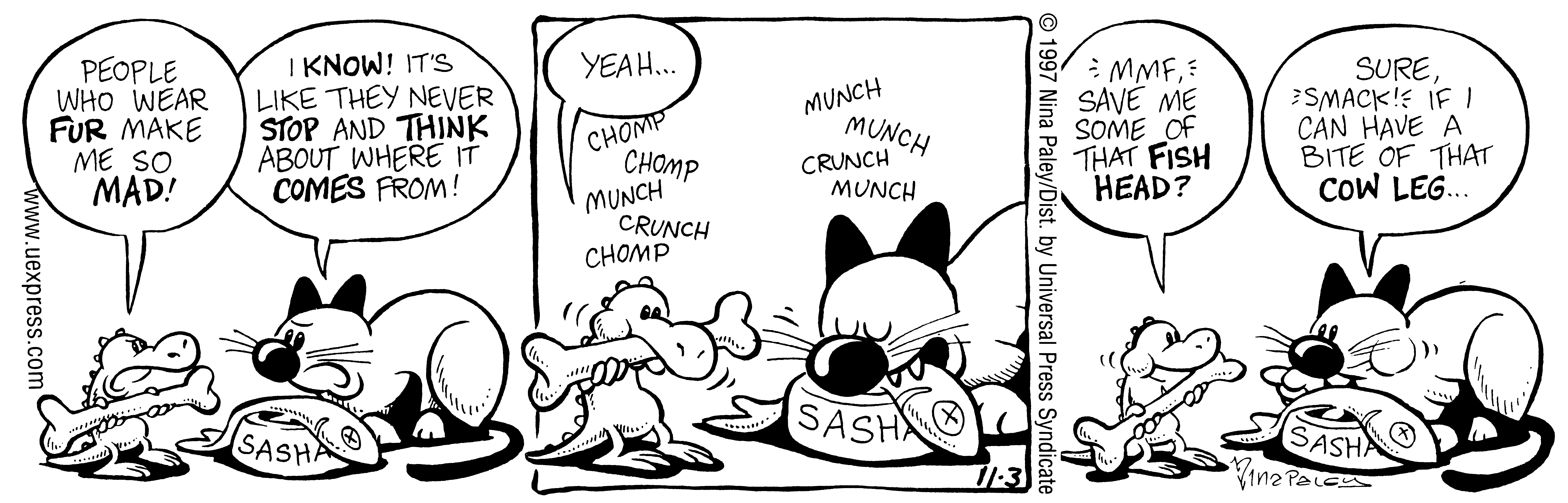 Fluff daily strip, Nov 3, 1997. Nina Paley, CC BY-SA 3.0 US. Print master from https://archive.org/details/FluffComicStrips (TIFF converted losslessly to PNG for the web).