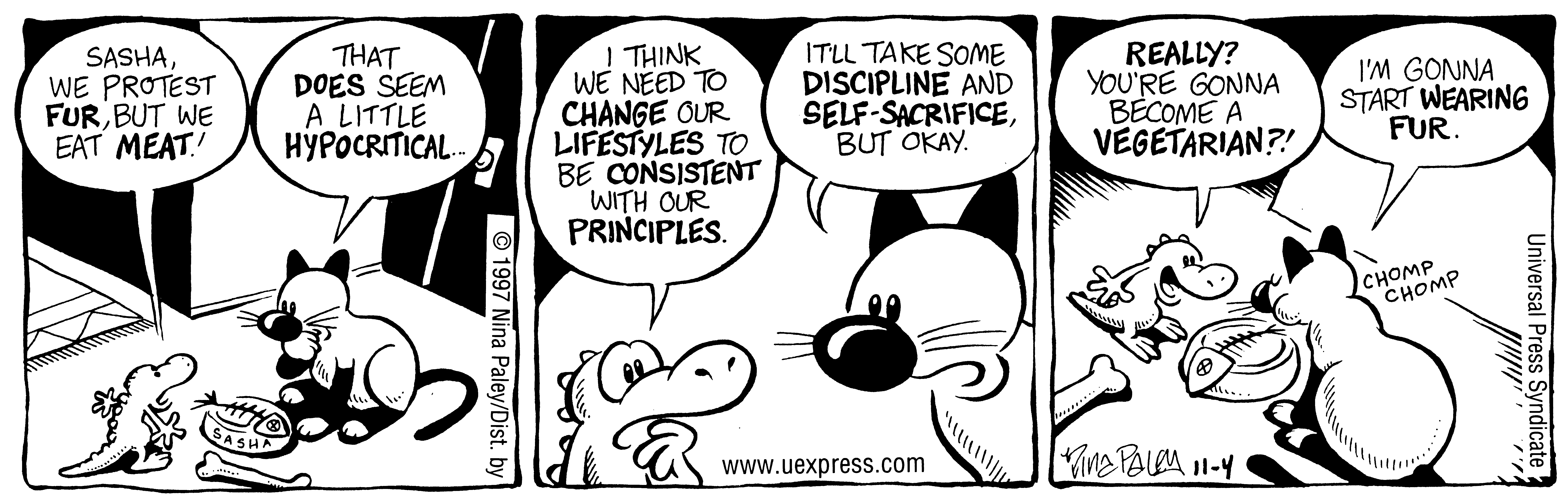 Fluff daily strip, Nov 4, 1997. Nina Paley, CC BY-SA 3.0 US. Print master from https://archive.org/details/FluffComicStrips (TIFF converted losslessly to PNG for the web).