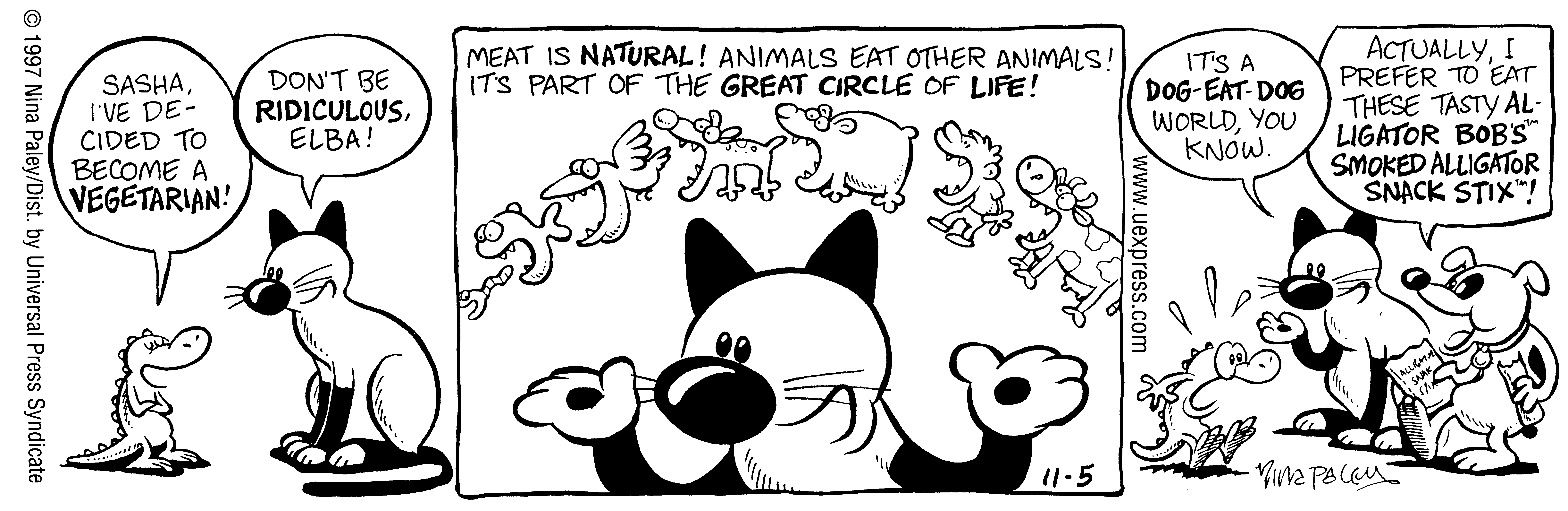 Fluff daily strip, Nov 5, 1997. Nina Paley, CC BY-SA 3.0 US. Print master from https://archive.org/details/FluffComicStrips (TIFF converted losslessly to PNG for the web).