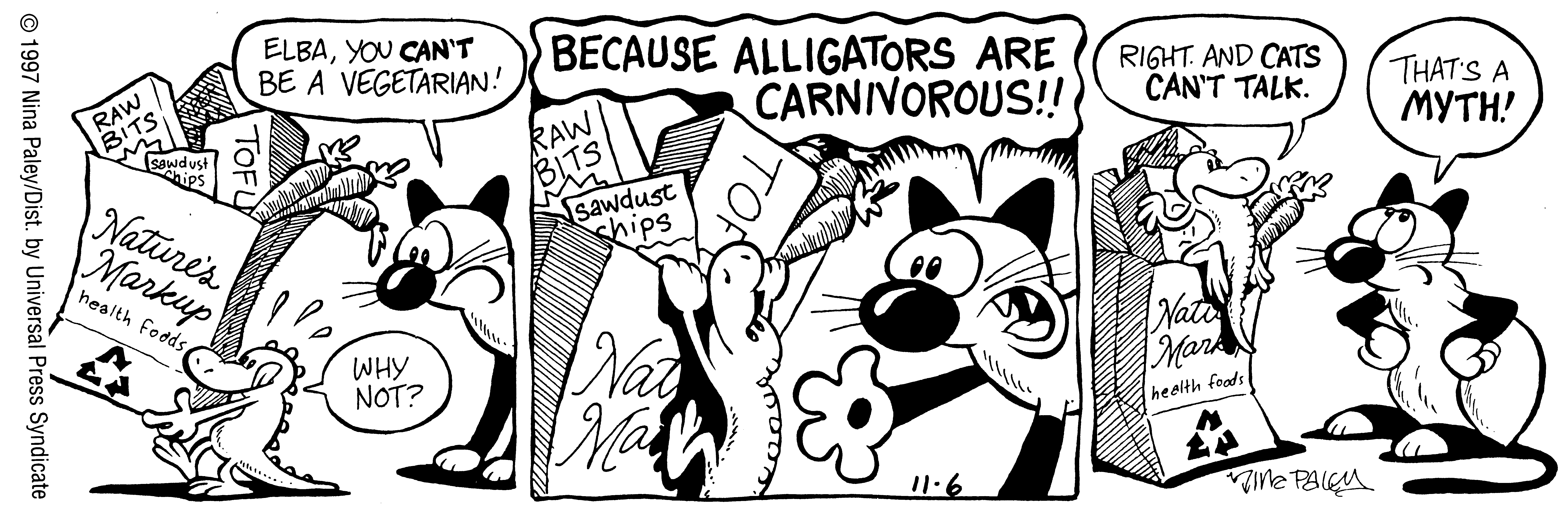 Fluff daily strip, Nov 6, 1997. Nina Paley, CC BY-SA 3.0 US. Print master from https://archive.org/details/FluffComicStrips (TIFF converted losslessly to PNG for the web).