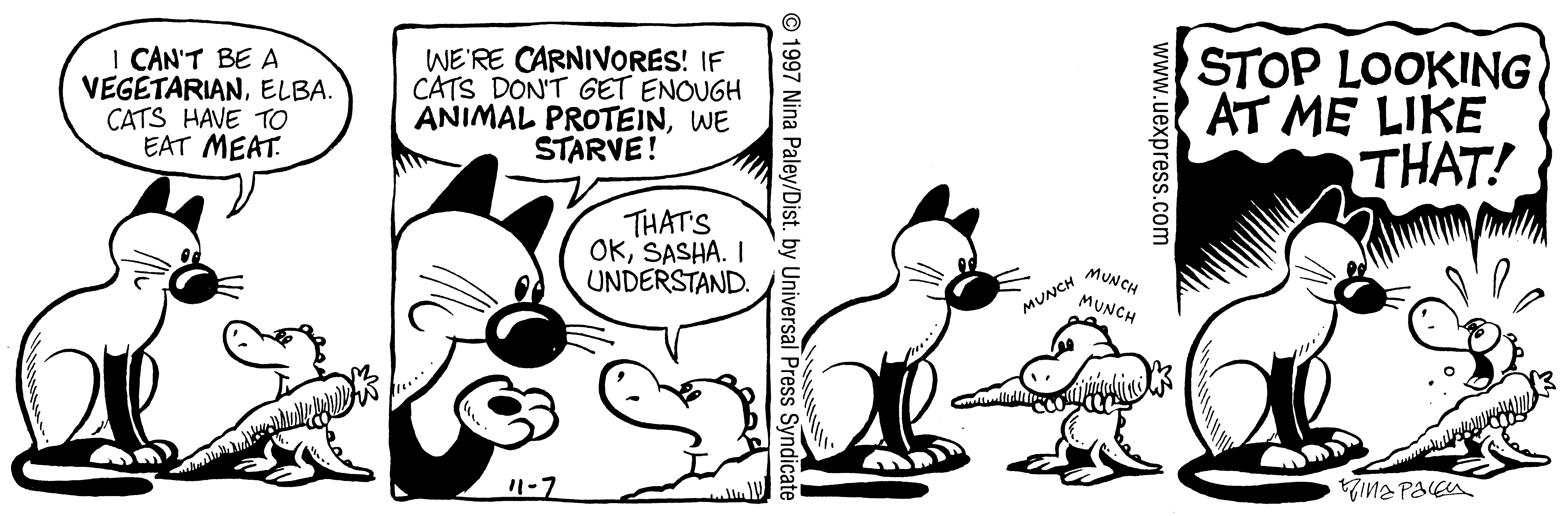Fluff daily strip, Nov 7, 1997. Nina Paley, CC BY-SA 3.0 US. Print master from https://archive.org/details/FluffComicStrips (TIFF converted losslessly to PNG for the web).