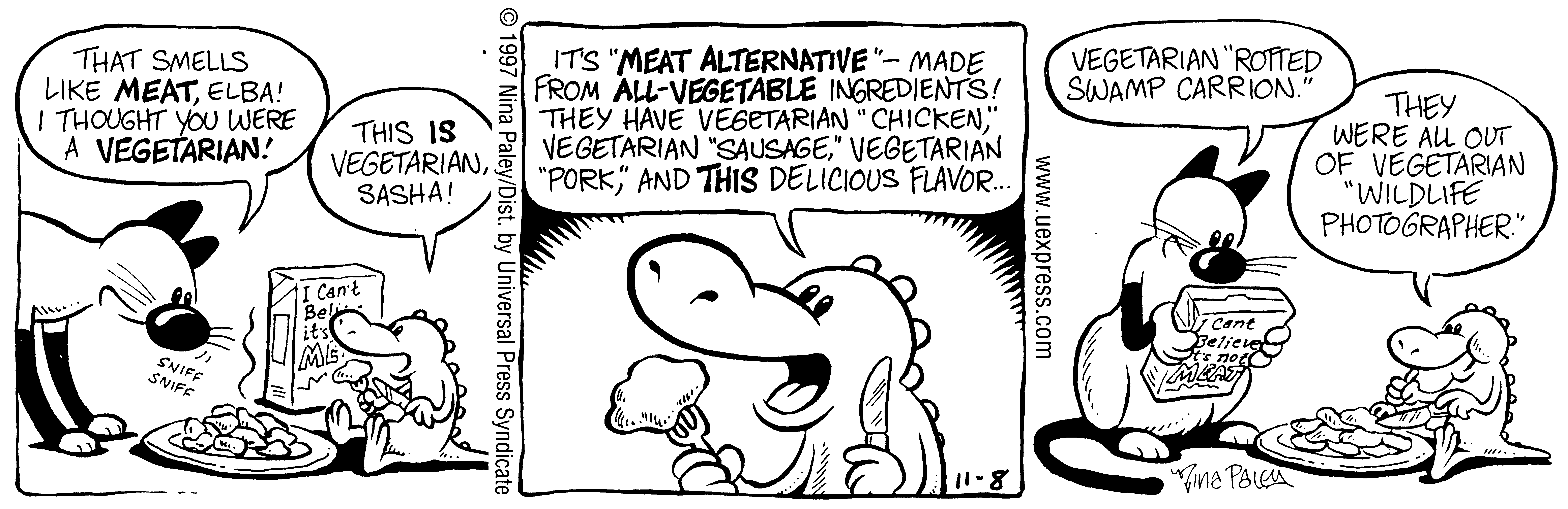 Fluff daily strip, Nov 8, 1997. Nina Paley, CC BY-SA 3.0 US. Print master from https://archive.org/details/FluffComicStrips (TIFF converted losslessly to PNG for the web).