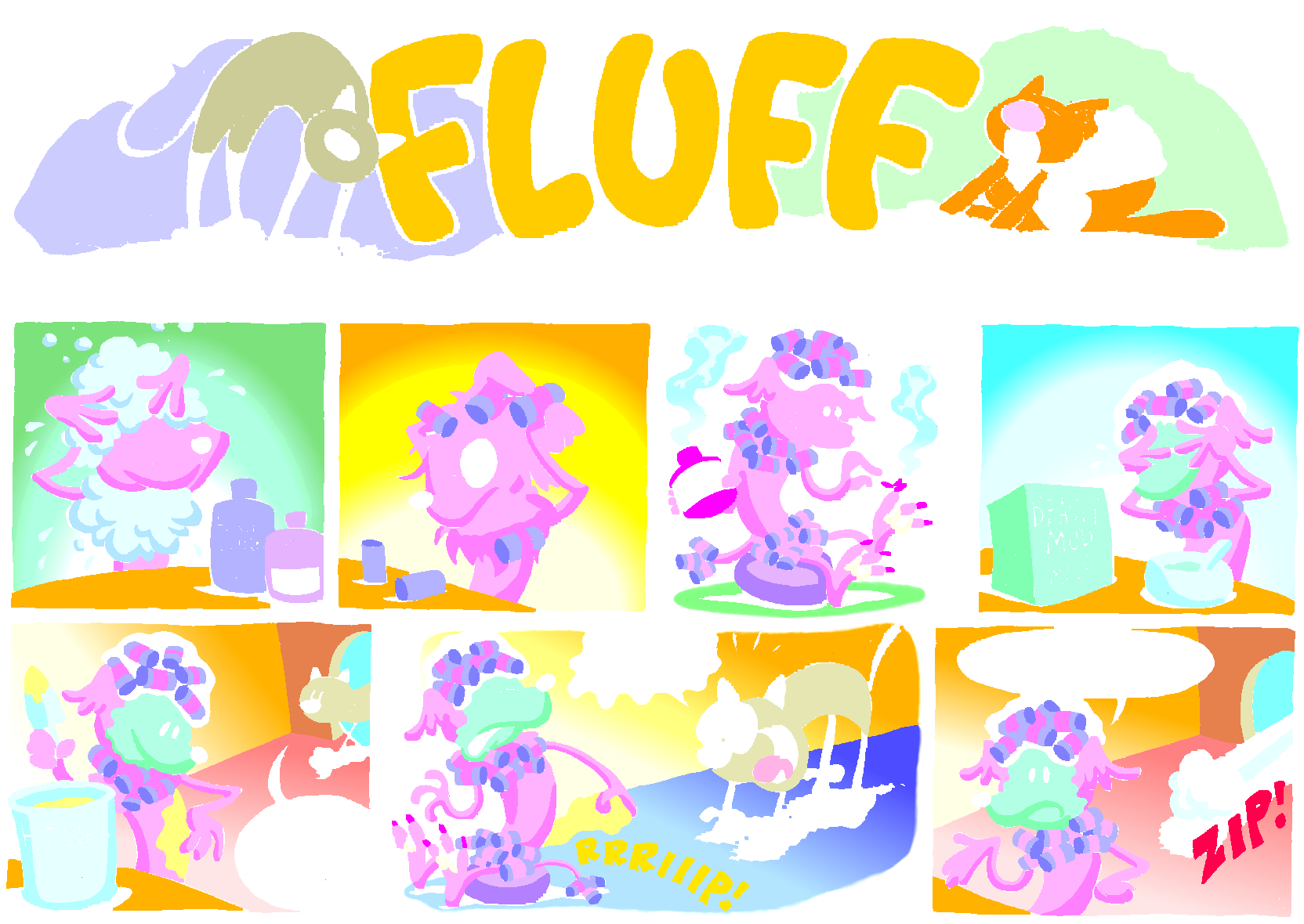 Fluff sunday strip, Nov 9, 1997. Nina Paley, CC BY-SA 3.0 US. Print master from https://archive.org/details/FluffComicStrips (TIFF converted losslessly to PNG for the web).