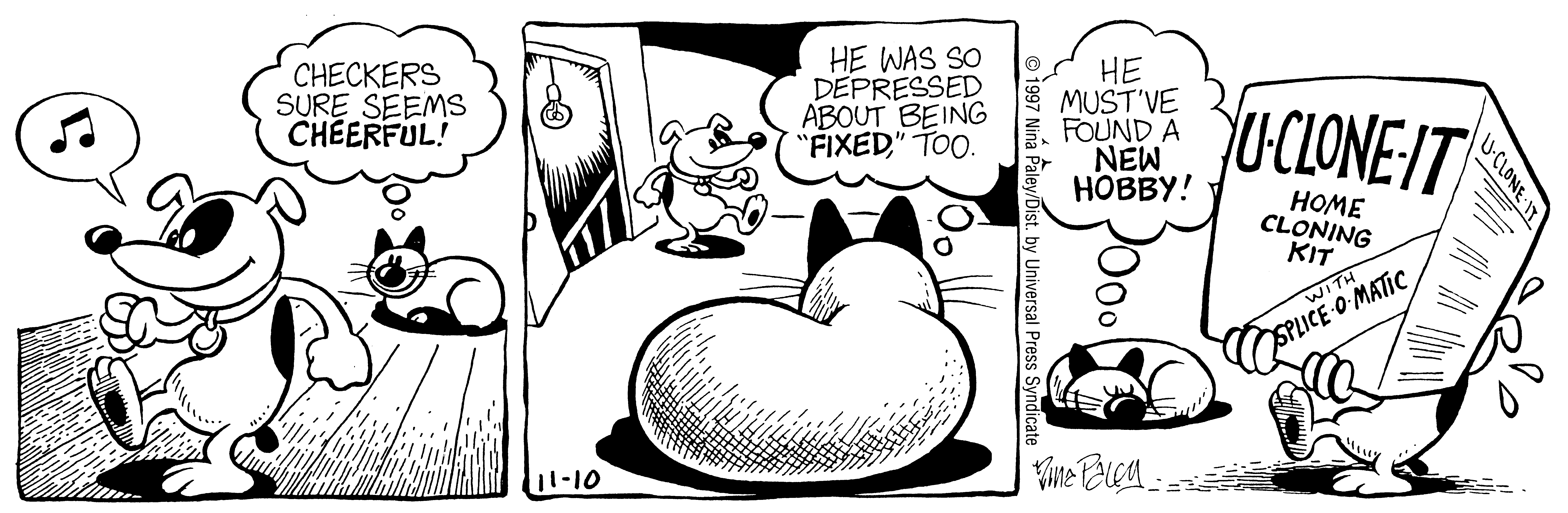 Fluff daily strip, Nov 10, 1997. Nina Paley, CC BY-SA 3.0 US. Print master from https://archive.org/details/FluffComicStrips (TIFF converted losslessly to PNG for the web).