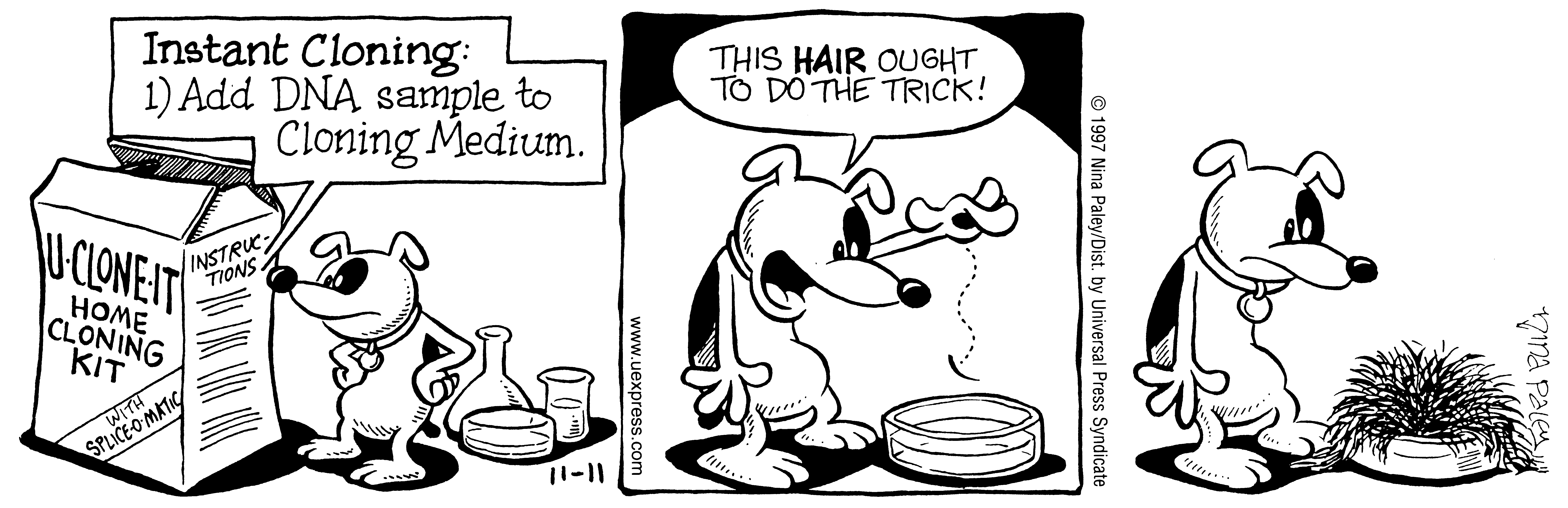Fluff daily strip, Nov 11, 1997. Nina Paley, CC BY-SA 3.0 US. Print master from https://archive.org/details/FluffComicStrips (TIFF converted losslessly to PNG for the web).