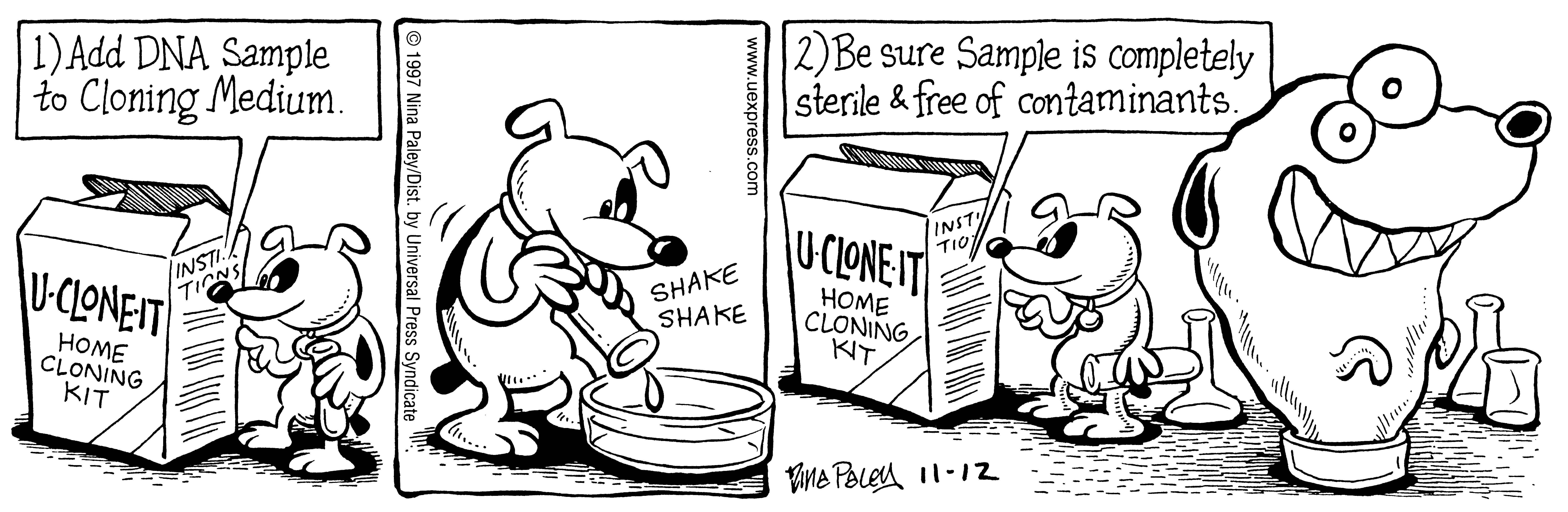 Fluff daily strip, Nov 12, 1997. Nina Paley, CC BY-SA 3.0 US. Print master from https://archive.org/details/FluffComicStrips (TIFF converted losslessly to PNG for the web).