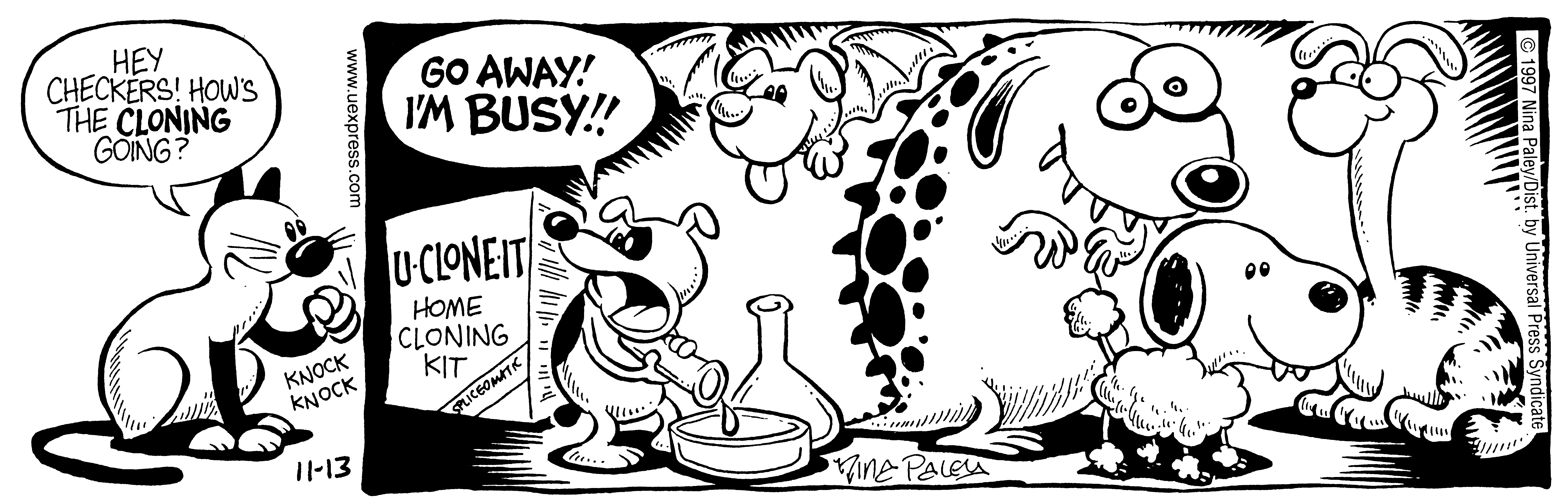 Fluff daily strip, Nov 13, 1997. Nina Paley, CC BY-SA 3.0 US. Print master from https://archive.org/details/FluffComicStrips (TIFF converted losslessly to PNG for the web).