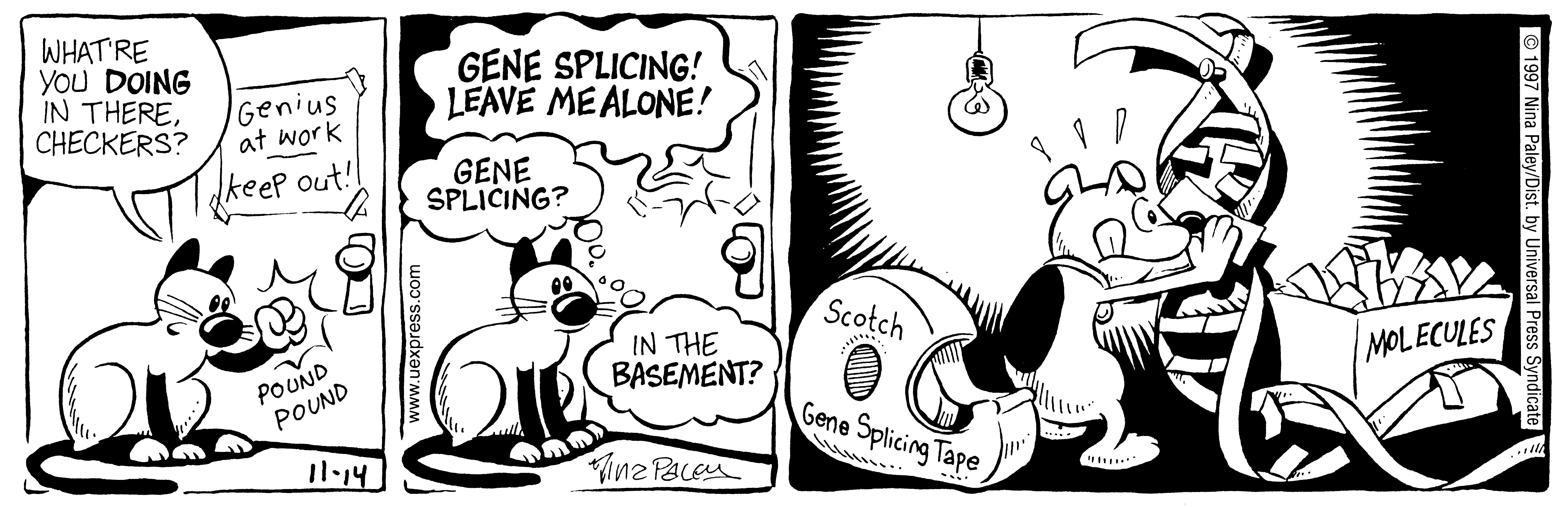 Fluff daily strip, Nov 14, 1997. Nina Paley, CC BY-SA 3.0 US. Print master from https://archive.org/details/FluffComicStrips (TIFF converted losslessly to PNG for the web).