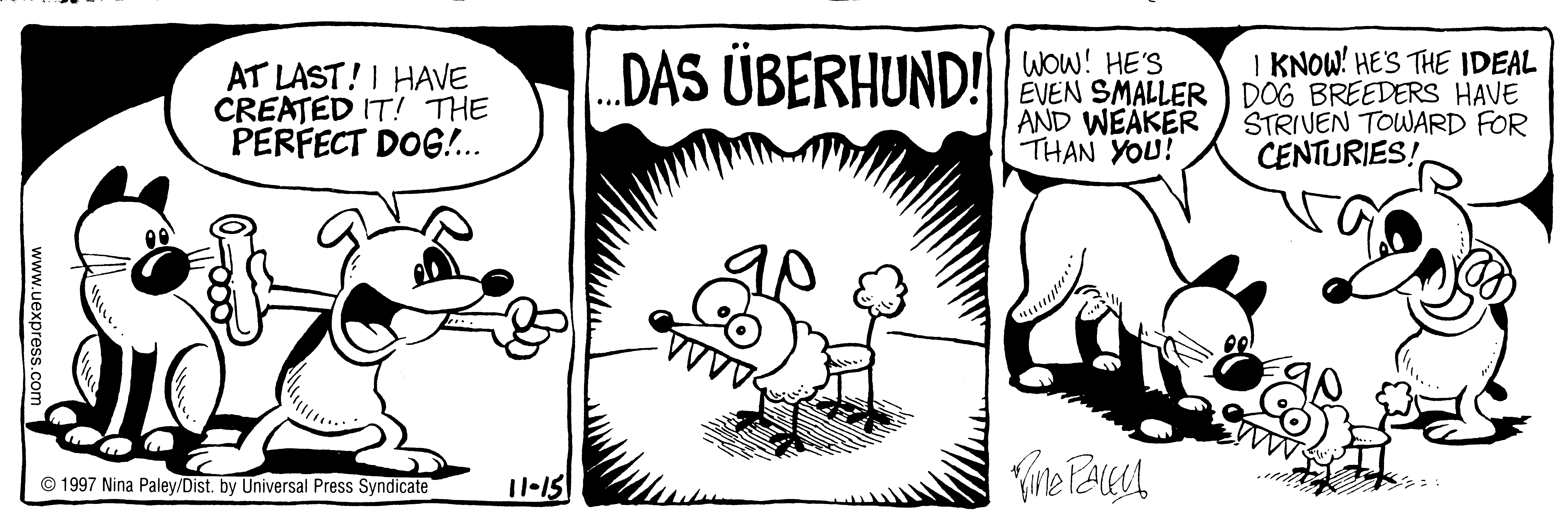 Fluff daily strip, Nov 15, 1997. Nina Paley, CC BY-SA 3.0 US. Print master from https://archive.org/details/FluffComicStrips (TIFF converted losslessly to PNG for the web).