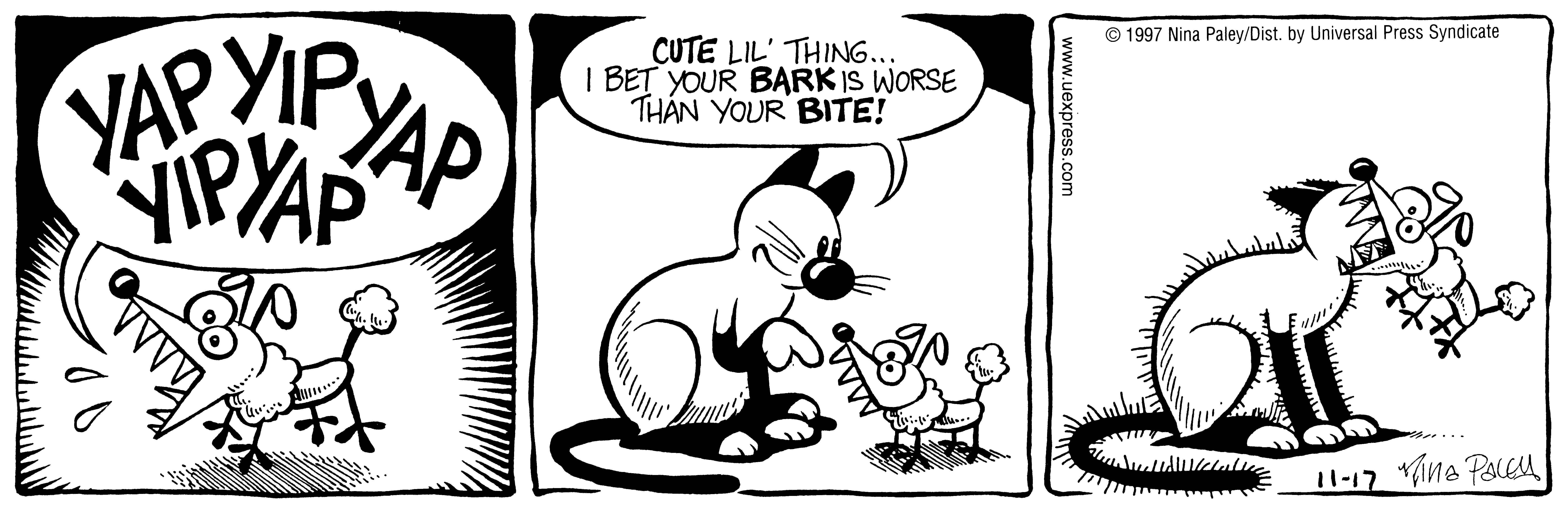 Fluff daily strip, Nov 17, 1997. Nina Paley, CC BY-SA 3.0 US. Print master from https://archive.org/details/FluffComicStrips (TIFF converted losslessly to PNG for the web).