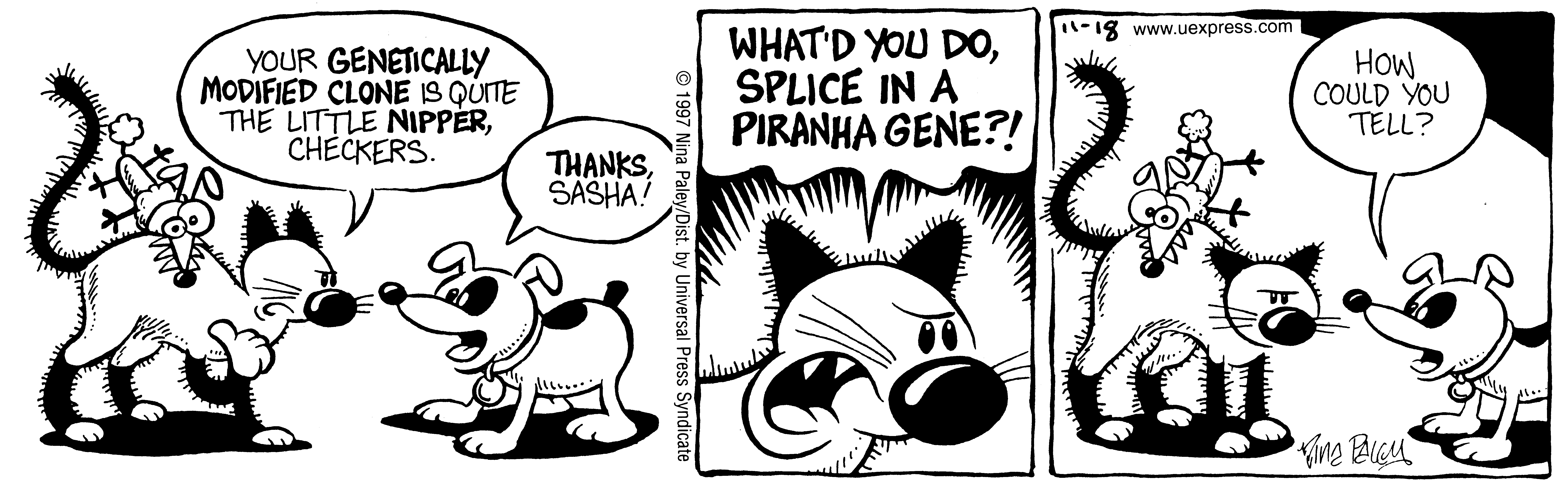 Fluff daily strip, Nov 18, 1997. Nina Paley, CC BY-SA 3.0 US. Print master from https://archive.org/details/FluffComicStrips (TIFF converted losslessly to PNG for the web).