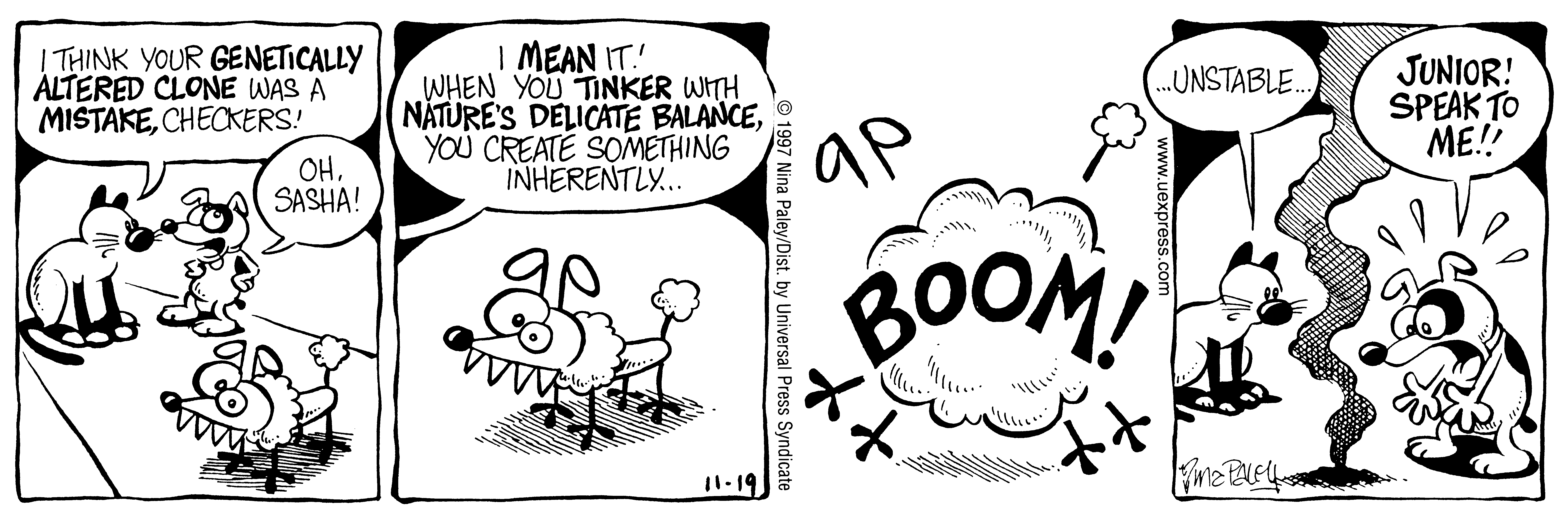 Fluff daily strip, Nov 19, 1997. Nina Paley, CC BY-SA 3.0 US. Print master from https://archive.org/details/FluffComicStrips (TIFF converted losslessly to PNG for the web).