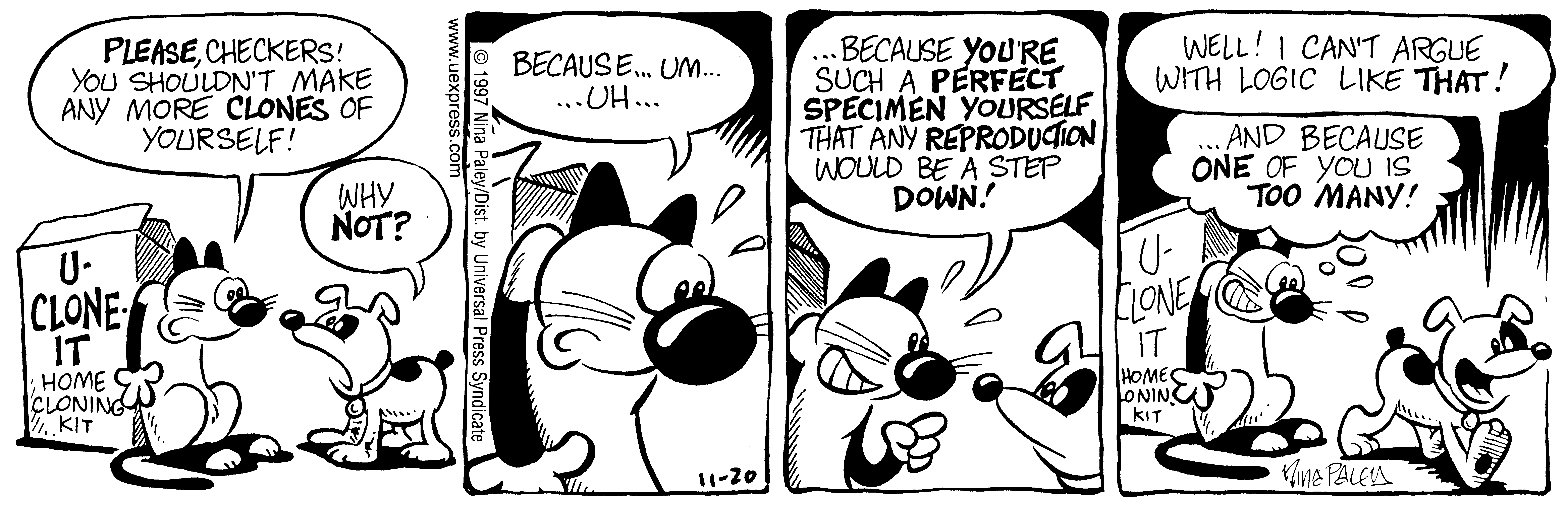 Fluff daily strip, Nov 20, 1997. Nina Paley, CC BY-SA 3.0 US. Print master from https://archive.org/details/FluffComicStrips (TIFF converted losslessly to PNG for the web).