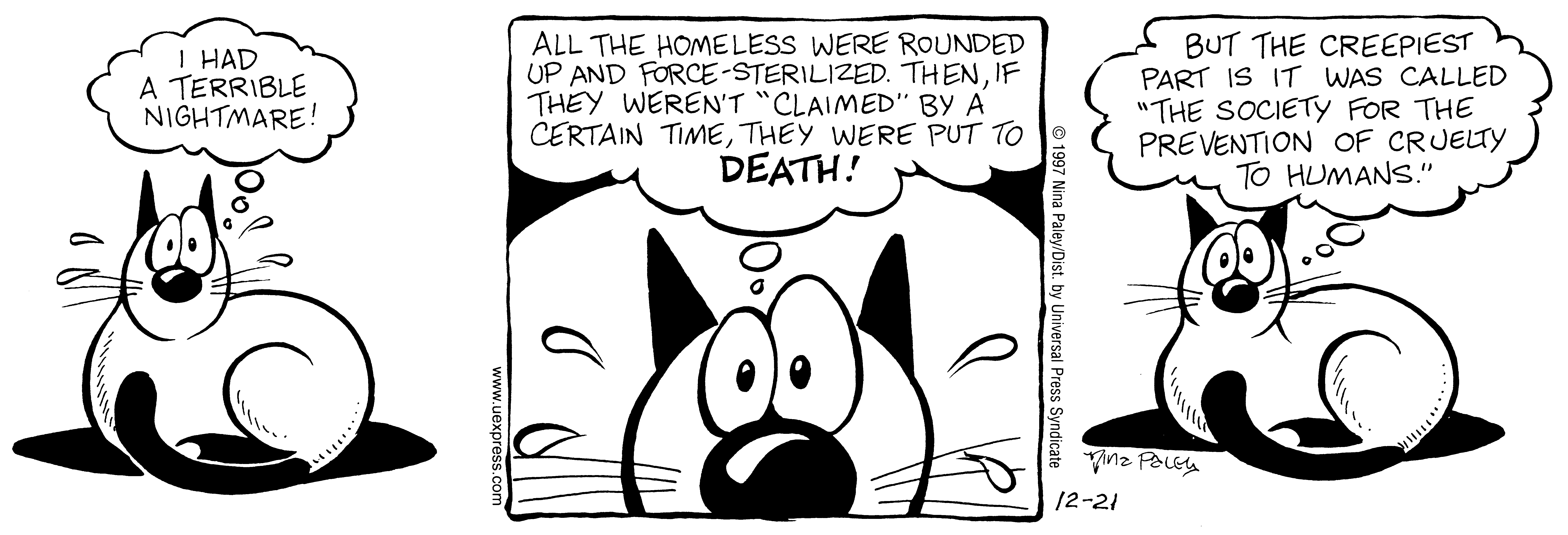 Fluff daily strip, Nov 21, 1997. Nina Paley, CC BY-SA 3.0 US. Print master from https://archive.org/details/FluffComicStrips (TIFF converted losslessly to PNG for the web).