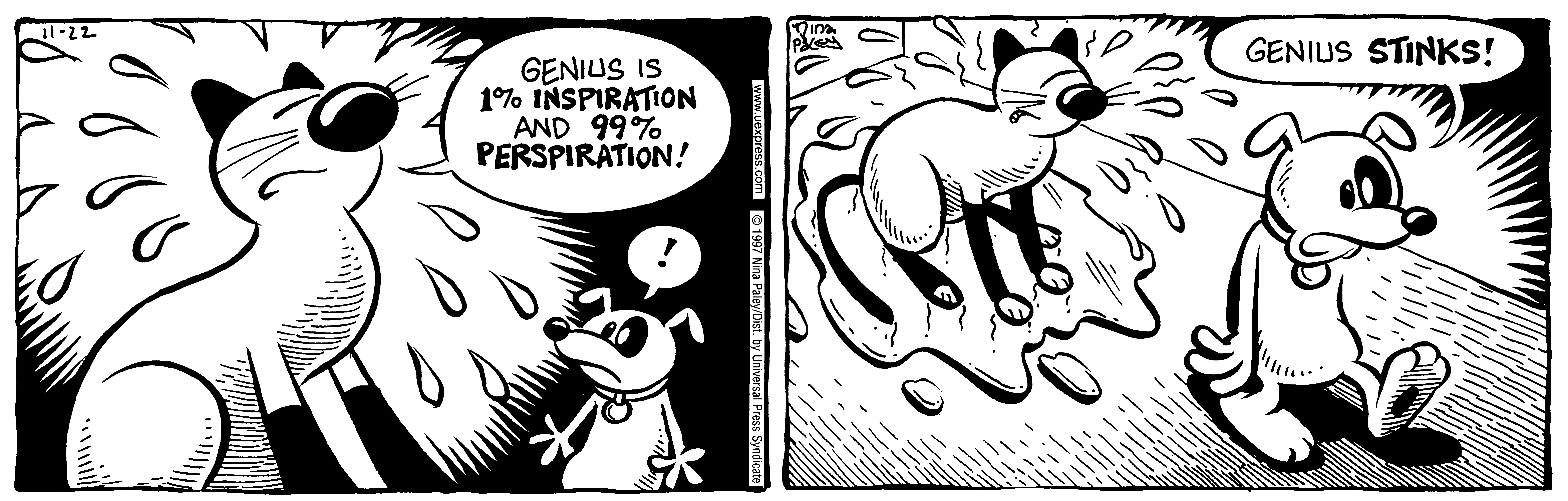 Fluff daily strip, Nov 22, 1997. Nina Paley, CC BY-SA 3.0 US. Print master from https://archive.org/details/FluffComicStrips (TIFF converted losslessly to PNG for the web).