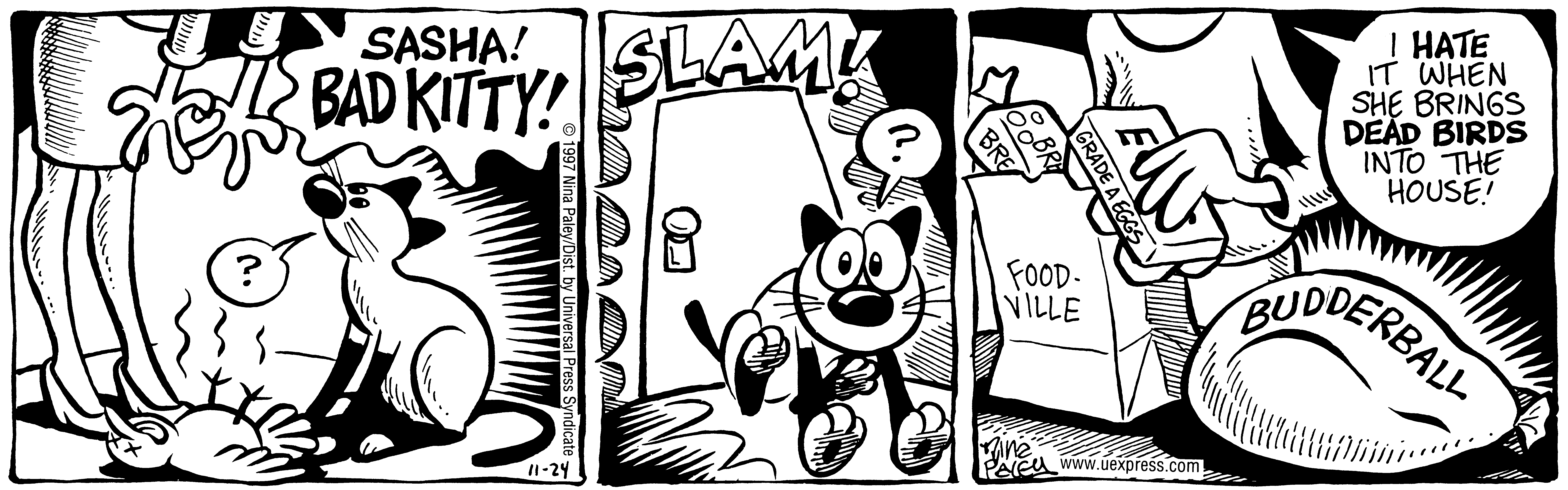 Fluff daily strip, Nov 24, 1997. Nina Paley, CC BY-SA 3.0 US. Print master from https://archive.org/details/FluffComicStrips (TIFF converted losslessly to PNG for the web).