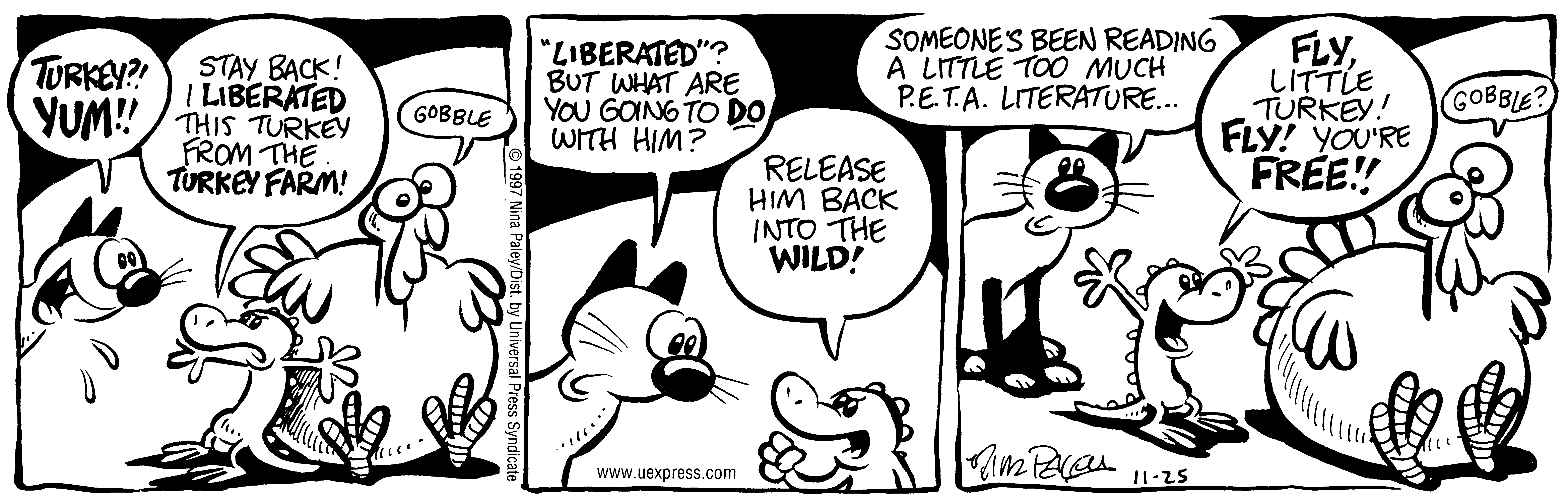 Fluff daily strip, Nov 25, 1997. Nina Paley, CC BY-SA 3.0 US. Print master from https://archive.org/details/FluffComicStrips (TIFF converted losslessly to PNG for the web).