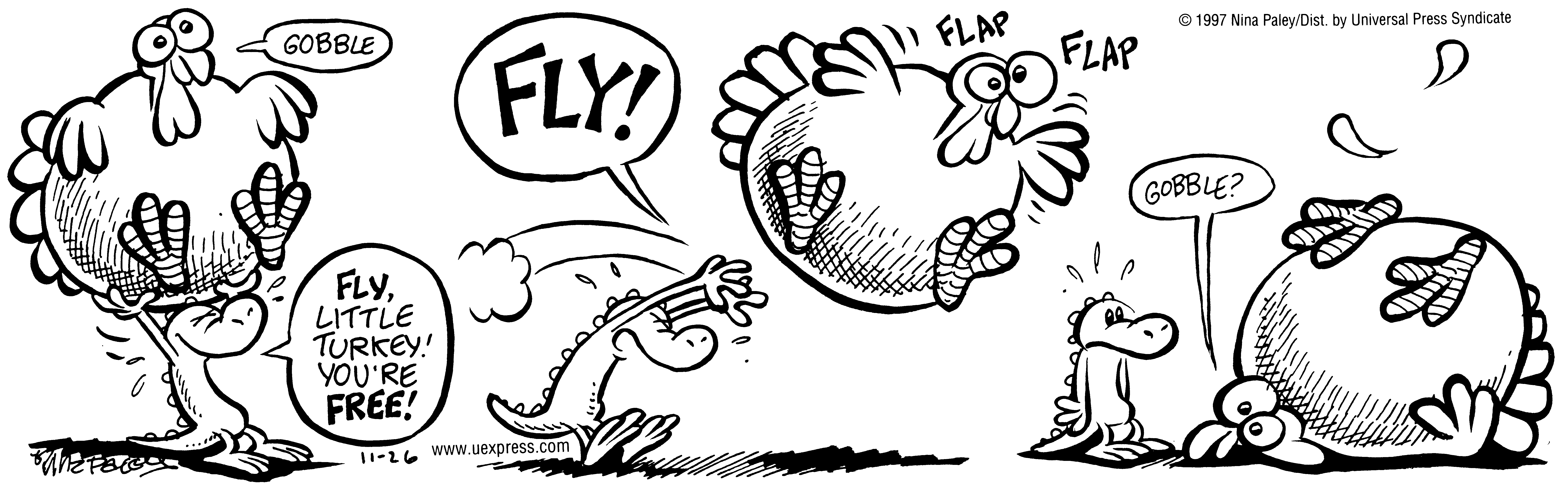Fluff daily strip, Nov 26, 1997. Nina Paley, CC BY-SA 3.0 US. Print master from https://archive.org/details/FluffComicStrips (TIFF converted losslessly to PNG for the web).