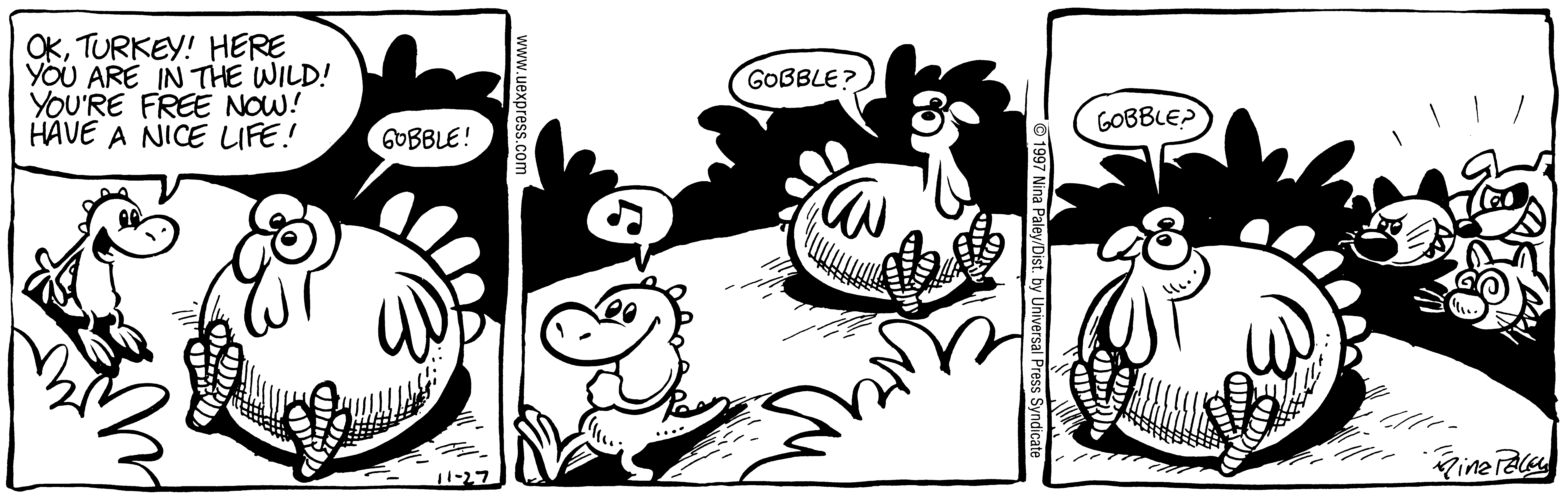 Fluff daily strip, Nov 27, 1997. Nina Paley, CC BY-SA 3.0 US. Print master from https://archive.org/details/FluffComicStrips (TIFF converted losslessly to PNG for the web).