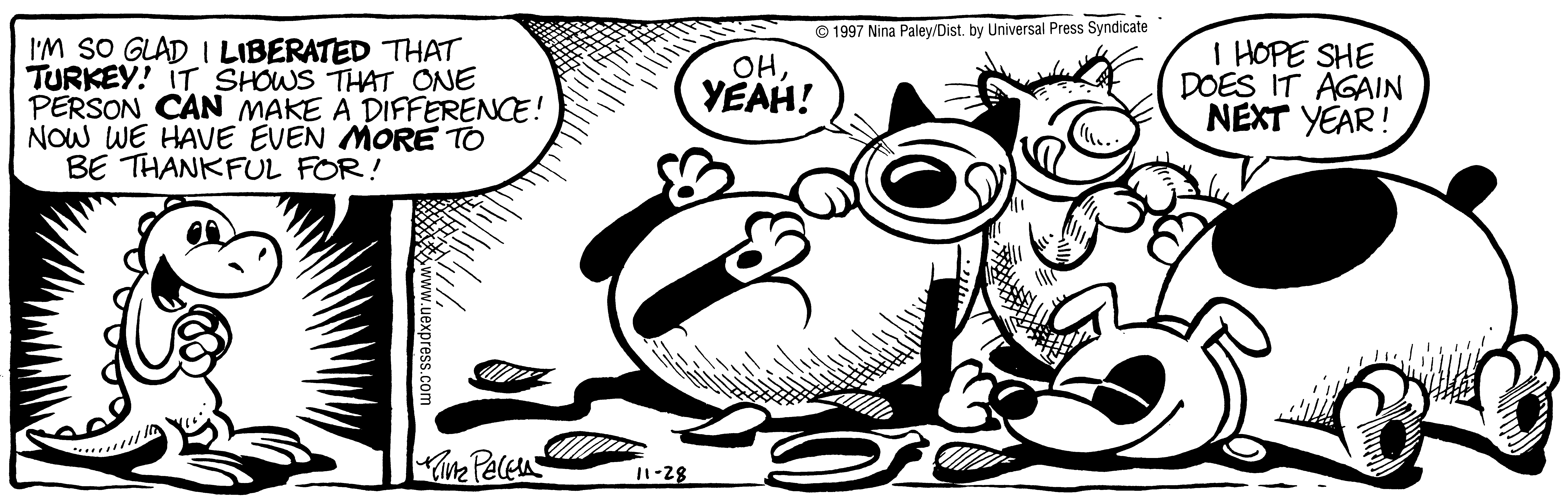 Fluff daily strip, Nov 28, 1997. Nina Paley, CC BY-SA 3.0 US. Print master from https://archive.org/details/FluffComicStrips (TIFF converted losslessly to PNG for the web).