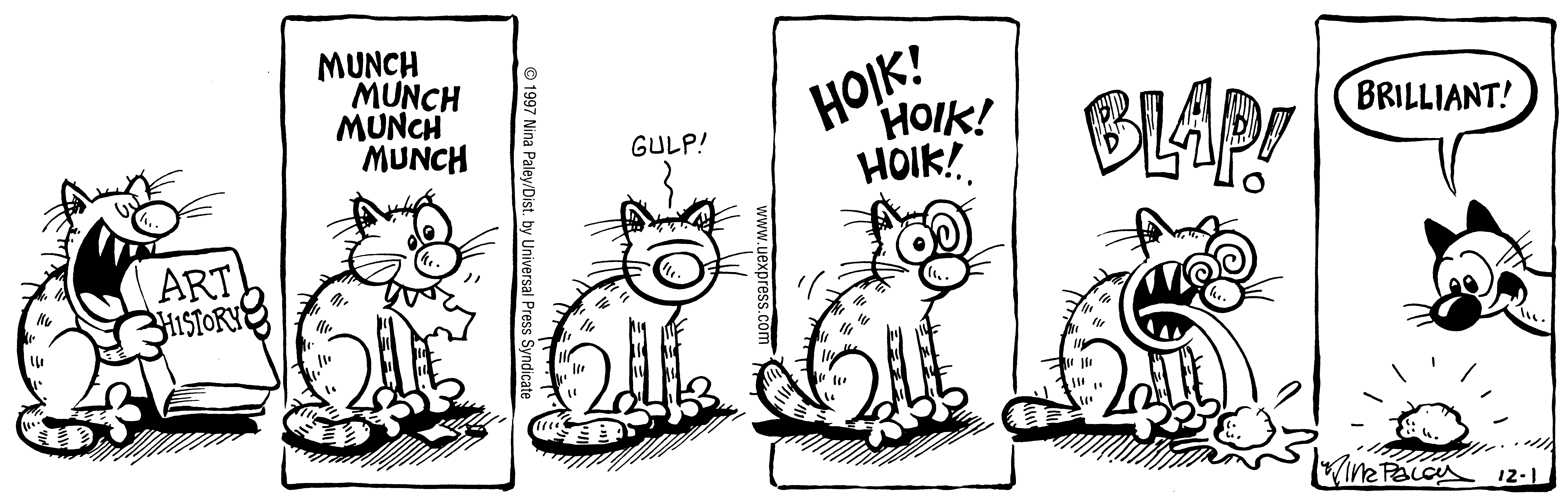 Fluff daily strip, Dec 1, 1997. Nina Paley, CC BY-SA 3.0 US. Print master from https://archive.org/details/FluffComicStrips (TIFF converted losslessly to PNG for the web).