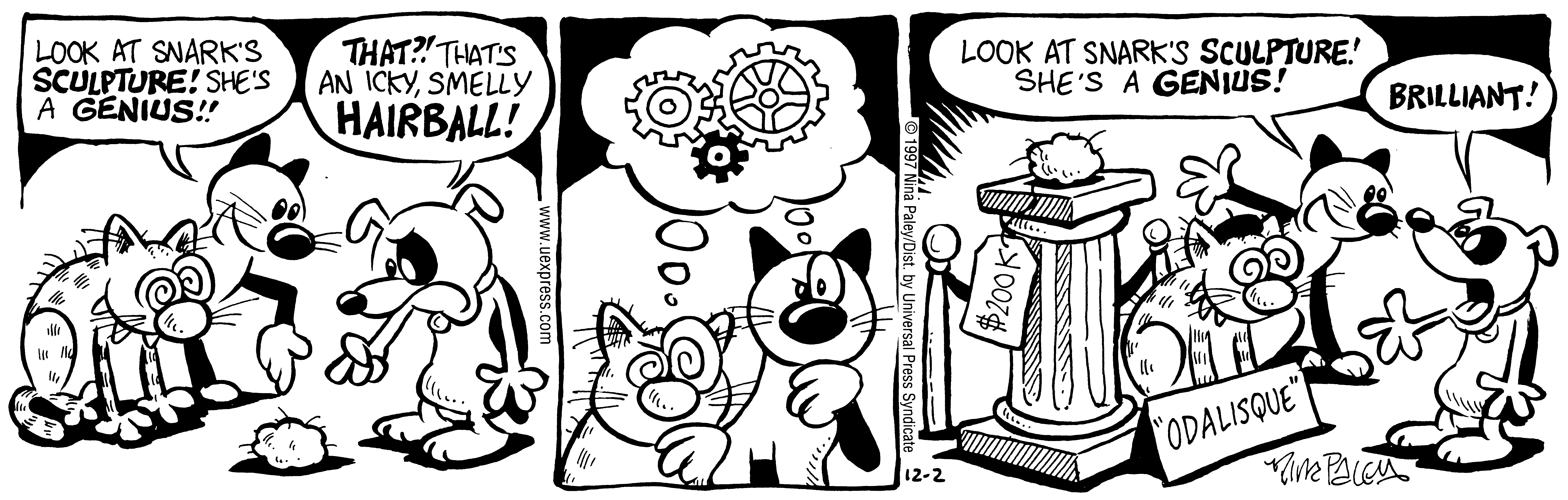 Fluff daily strip, Dec 2, 1997. Nina Paley, CC BY-SA 3.0 US. Print master from https://archive.org/details/FluffComicStrips (TIFF converted losslessly to PNG for the web).