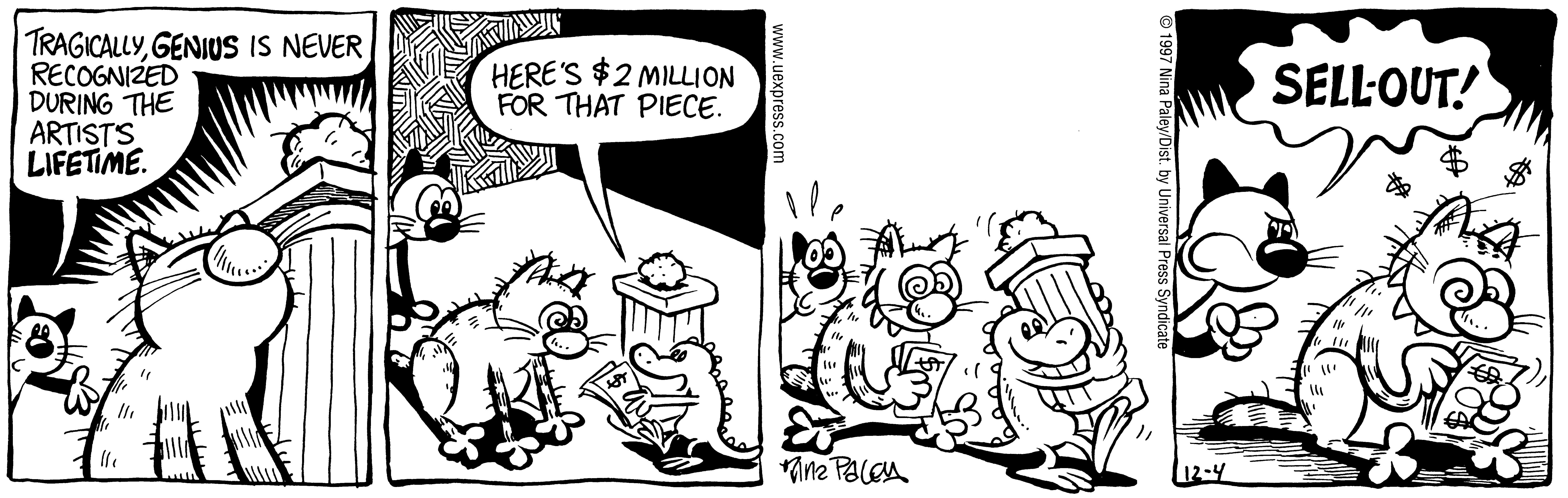 Fluff daily strip, Dec 4, 1997. Nina Paley, CC BY-SA 3.0 US. Print master from https://archive.org/details/FluffComicStrips (TIFF converted losslessly to PNG for the web).