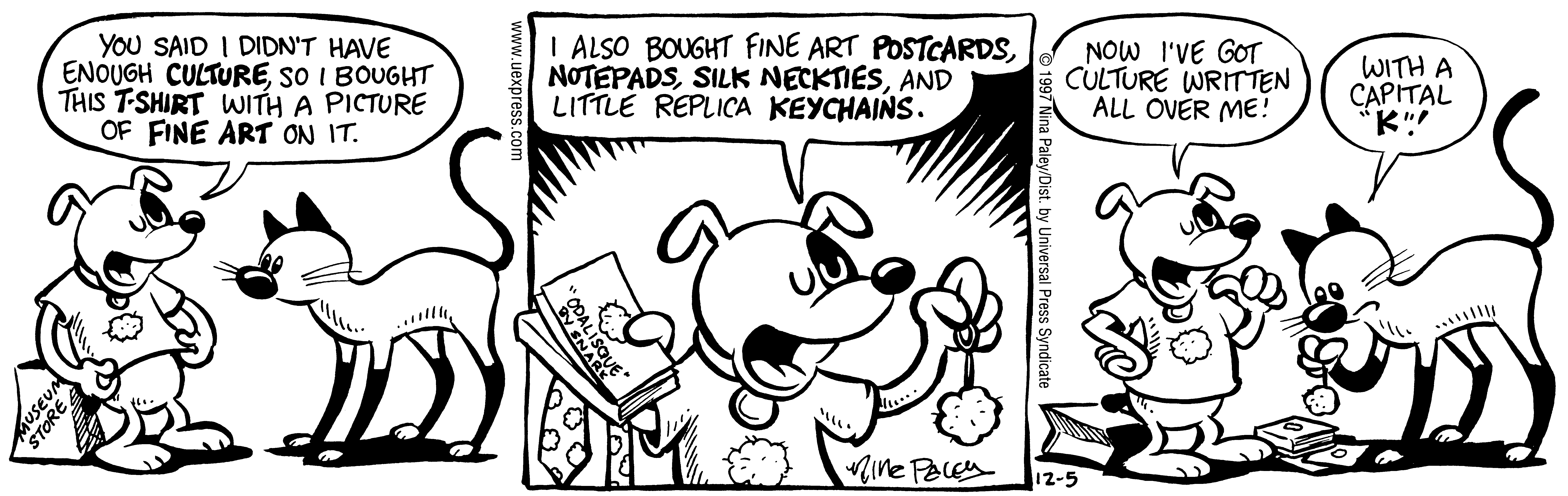 Fluff daily strip, Dec 5, 1997. Nina Paley, CC BY-SA 3.0 US. Print master from https://archive.org/details/FluffComicStrips (TIFF converted losslessly to PNG for the web).