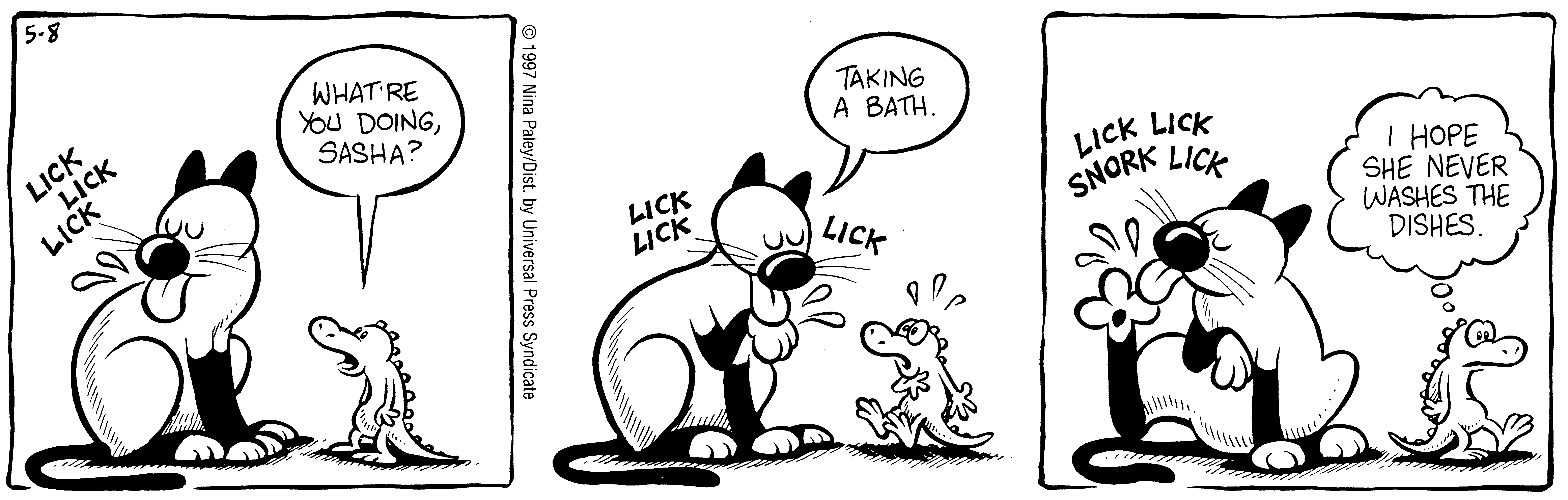 Fluff daily strip, May 8, 1997. Nina Paley, CC BY-SA 3.0 US. Print master from https://archive.org/details/FluffComicStrips (TIFF converted losslessly to PNG for the web).