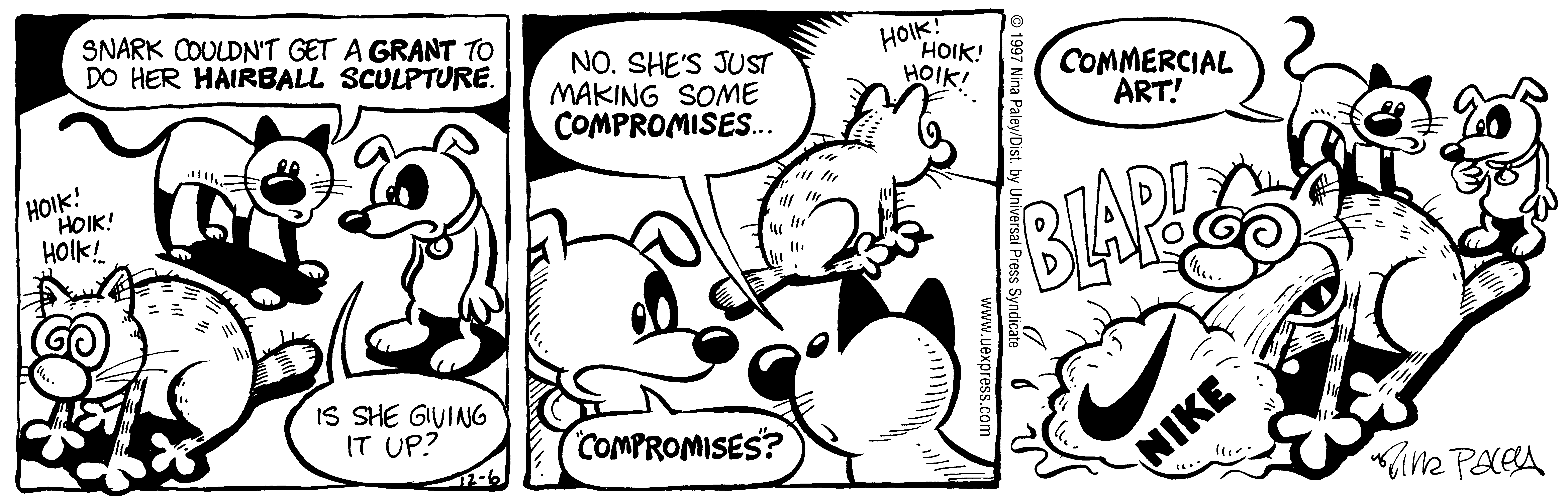 Fluff daily strip, Dec 6, 1997. Nina Paley, CC BY-SA 3.0 US. Print master from https://archive.org/details/FluffComicStrips (TIFF converted losslessly to PNG for the web).