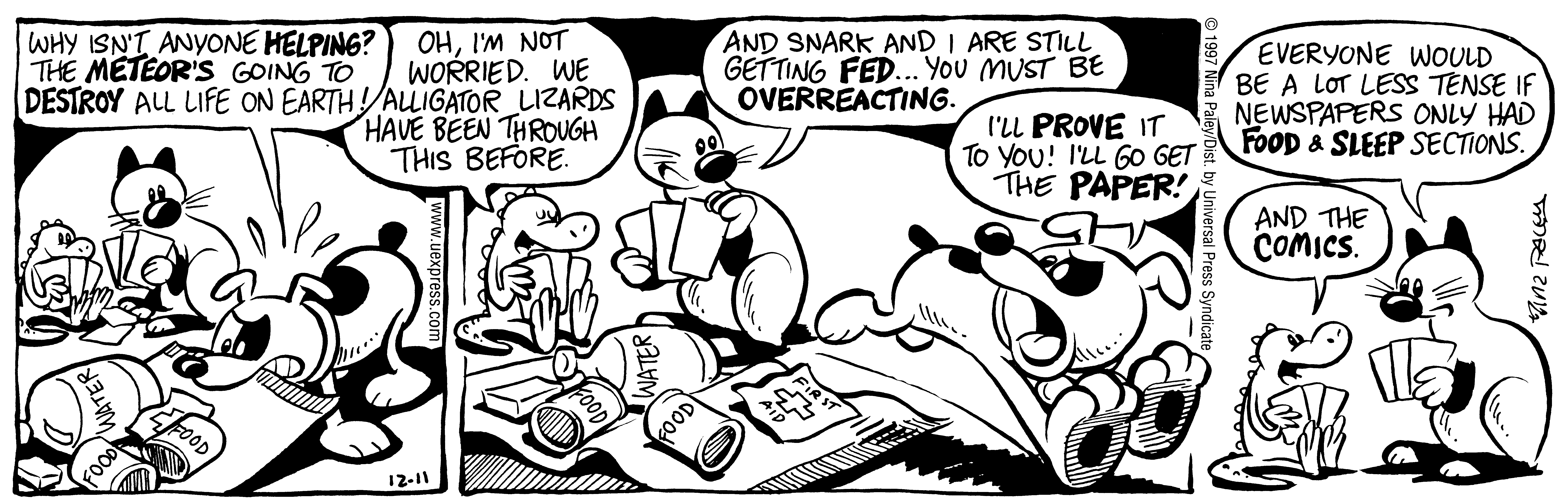 Fluff daily strip, Dec 11, 1997. Nina Paley, CC BY-SA 3.0 US. Print master from https://archive.org/details/FluffComicStrips (TIFF converted losslessly to PNG for the web).