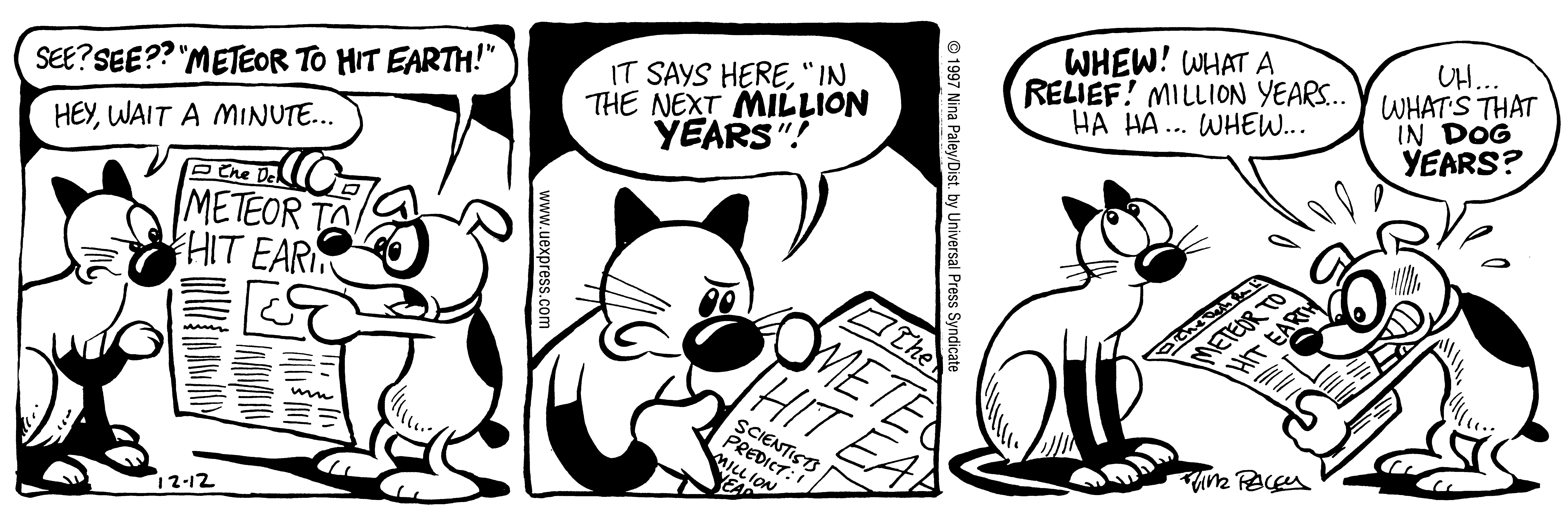 Fluff daily strip, Dec 12, 1997. Nina Paley, CC BY-SA 3.0 US. Print master from https://archive.org/details/FluffComicStrips (TIFF converted losslessly to PNG for the web).