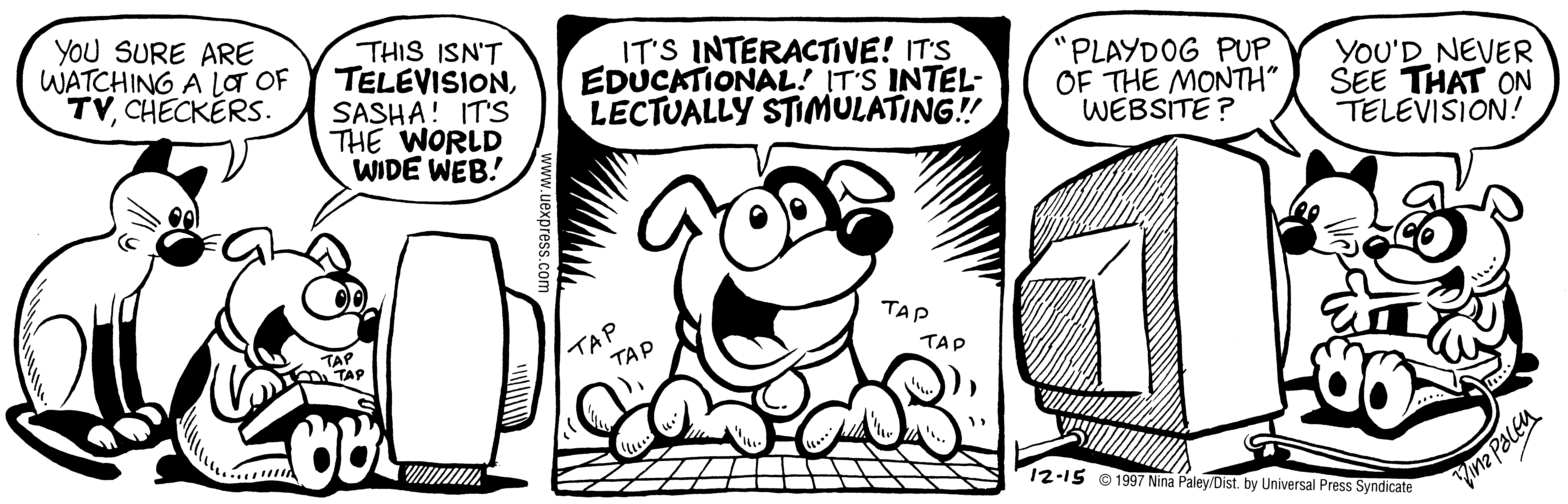 Fluff daily strip, Dec 15, 1997. Nina Paley, CC BY-SA 3.0 US. Print master from https://archive.org/details/FluffComicStrips (TIFF converted losslessly to PNG for the web).