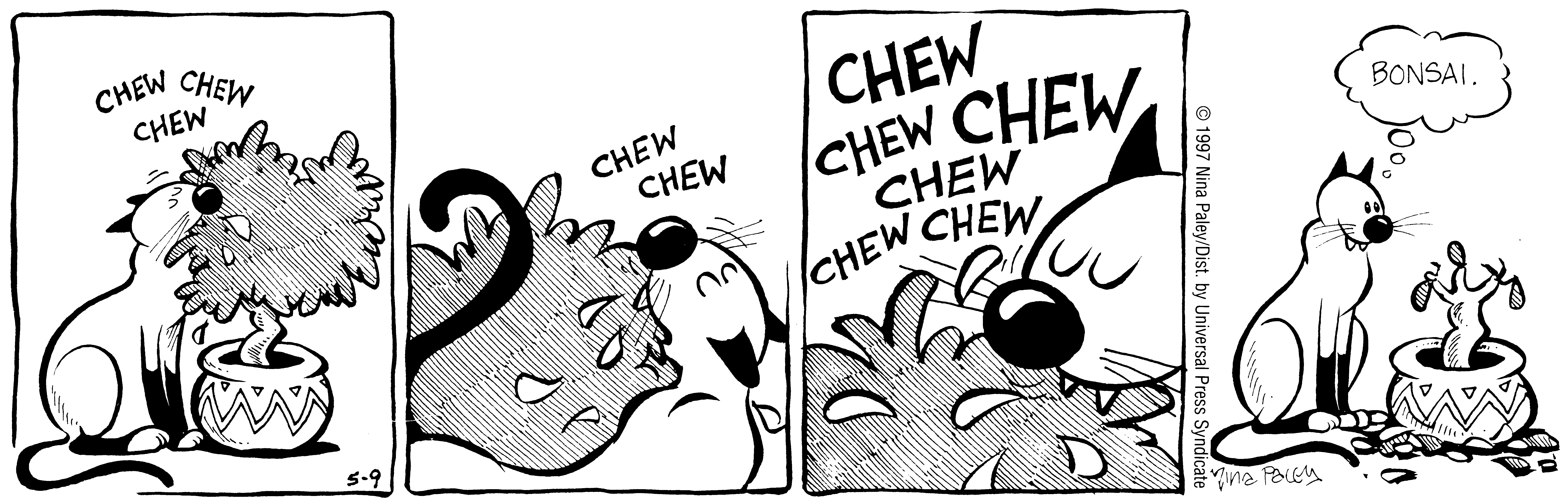 Fluff daily strip, May 9, 1997. Nina Paley, CC BY-SA 3.0 US. Print master from https://archive.org/details/FluffComicStrips (TIFF converted losslessly to PNG for the web).