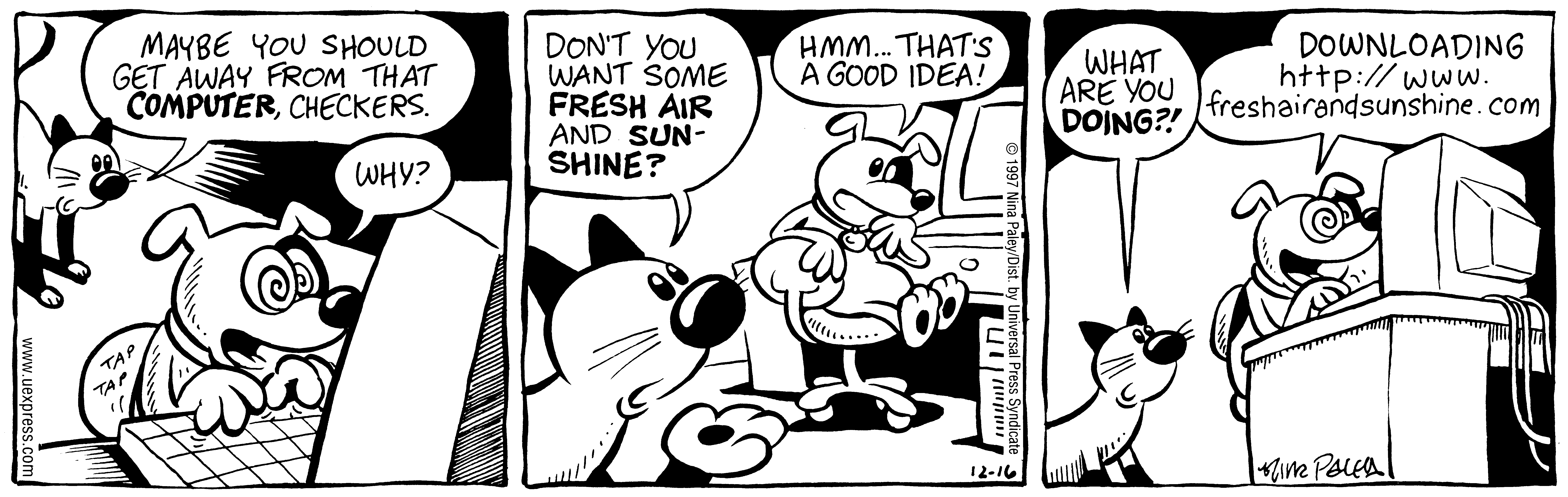 Fluff daily strip, Dec 16, 1997. Nina Paley, CC BY-SA 3.0 US. Print master from https://archive.org/details/FluffComicStrips (TIFF converted losslessly to PNG for the web).