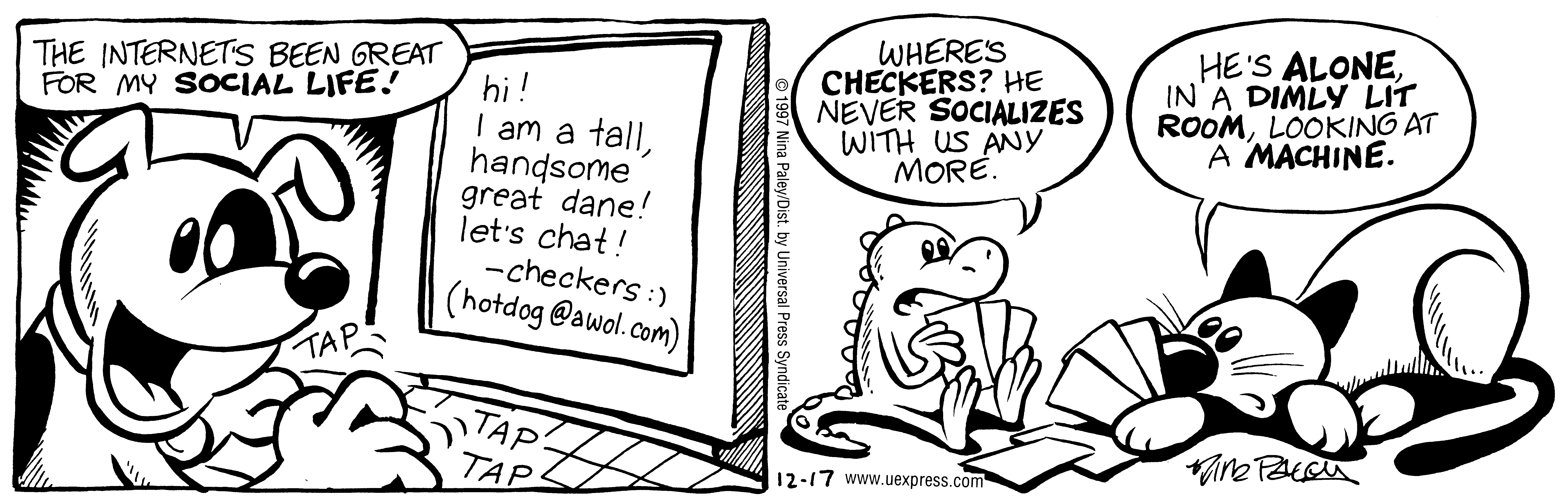 Fluff daily strip, Dec 17, 1997. Nina Paley, CC BY-SA 3.0 US. Print master from https://archive.org/details/FluffComicStrips (TIFF converted losslessly to PNG for the web).