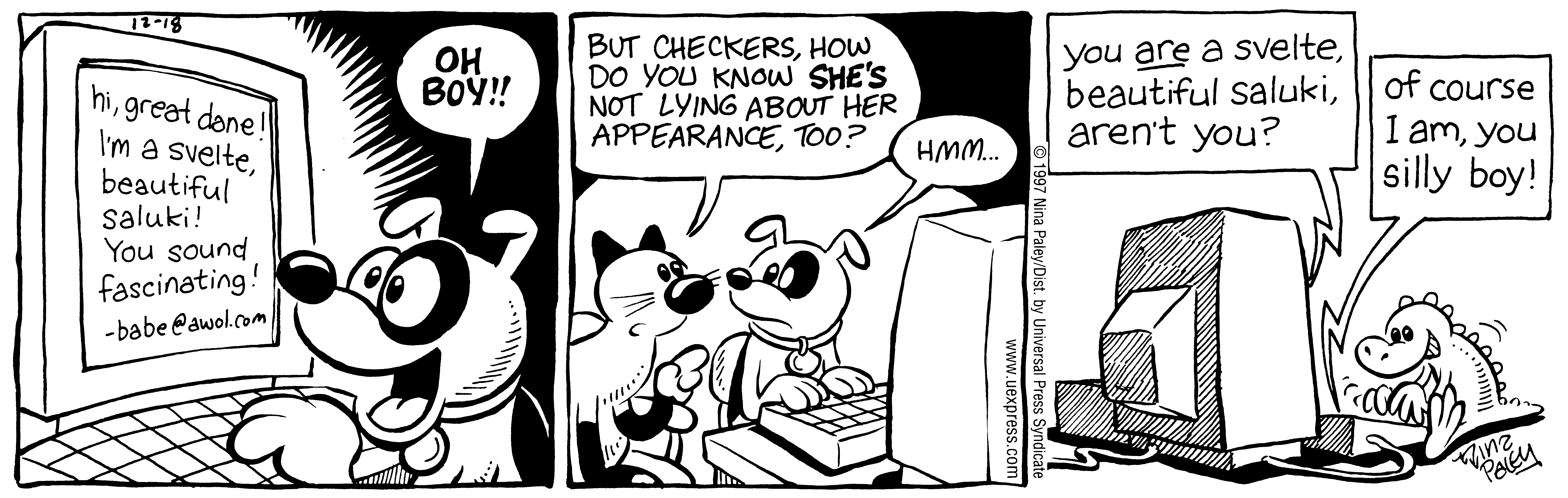 Fluff daily strip, Dec 18, 1997. Nina Paley, CC BY-SA 3.0 US. Print master from https://archive.org/details/FluffComicStrips (TIFF converted losslessly to PNG for the web).