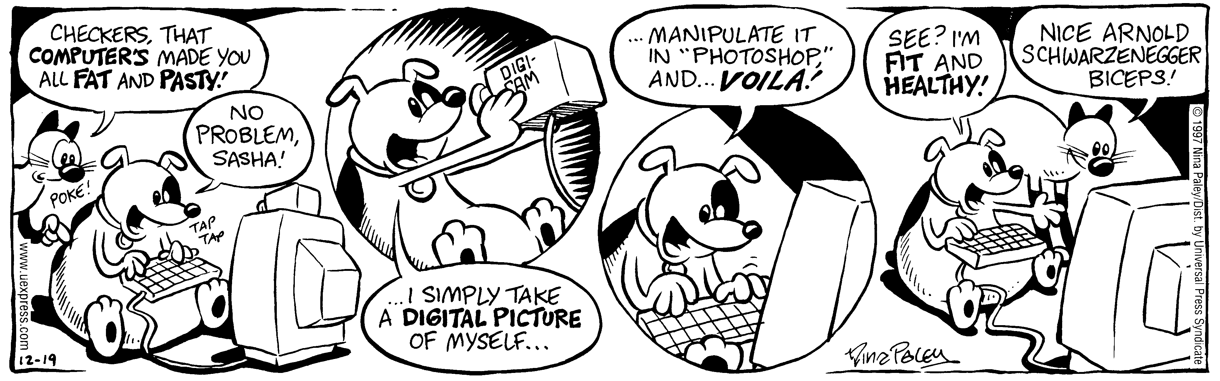Fluff daily strip, Dec 19, 1997. Nina Paley, CC BY-SA 3.0 US. Print master from https://archive.org/details/FluffComicStrips (TIFF converted losslessly to PNG for the web).