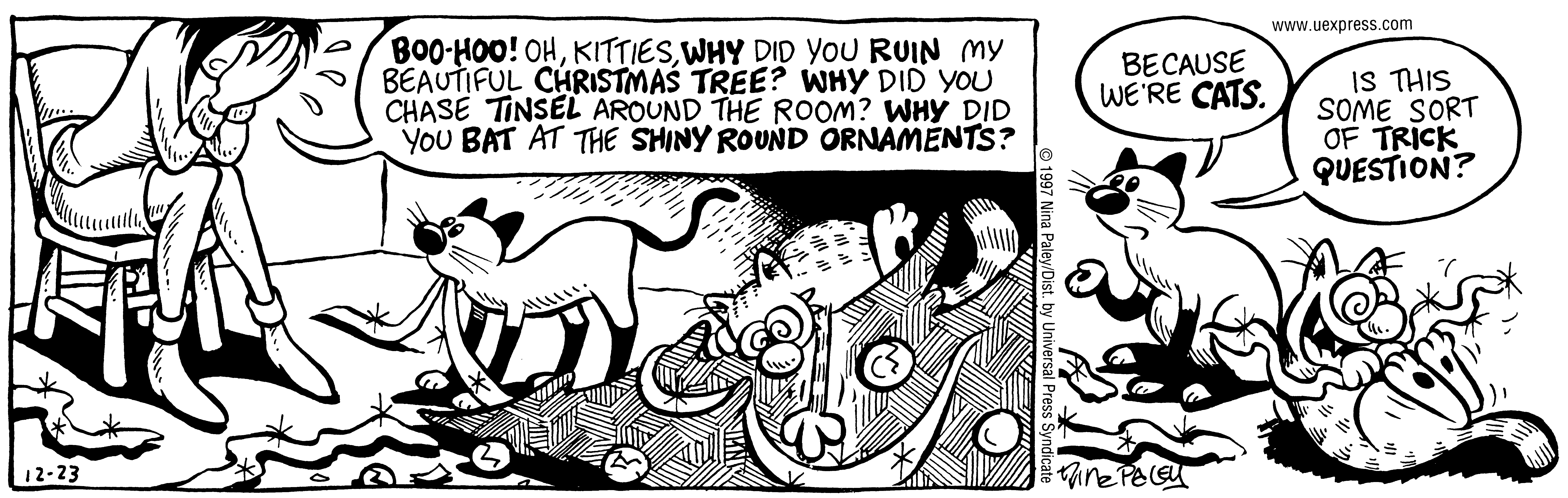 Fluff daily strip, Dec 23, 1997. Nina Paley, CC BY-SA 3.0 US. Print master from https://archive.org/details/FluffComicStrips (TIFF converted losslessly to PNG for the web).