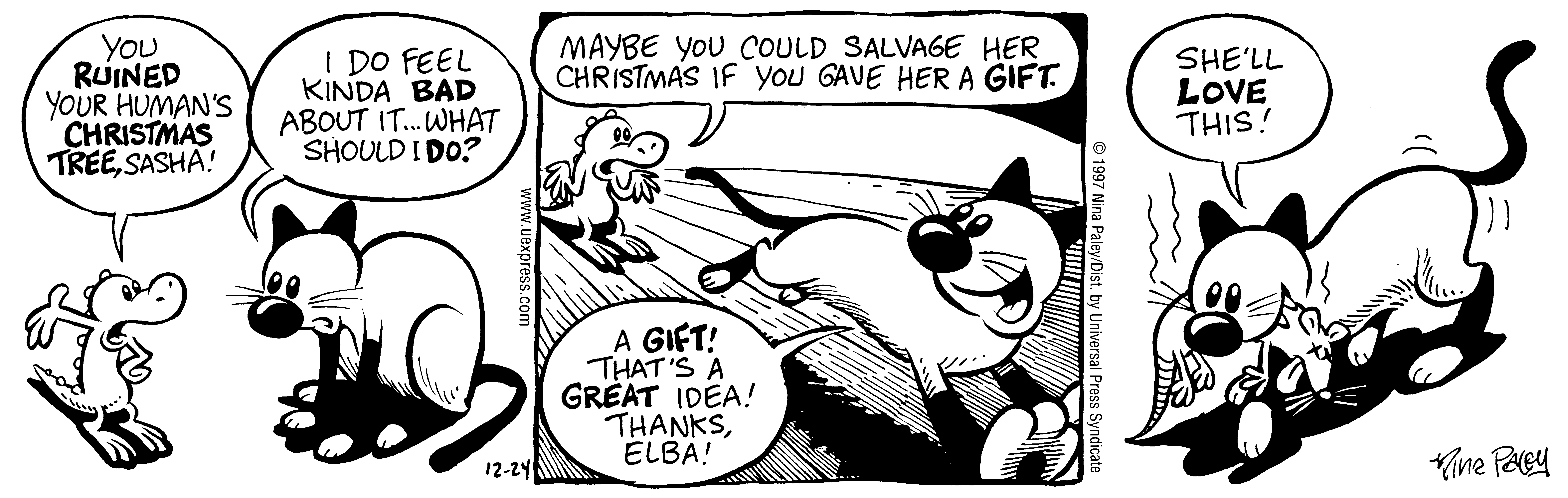 Fluff daily strip, Dec 24, 1997. Nina Paley, CC BY-SA 3.0 US. Print master from https://archive.org/details/FluffComicStrips (TIFF converted losslessly to PNG for the web).