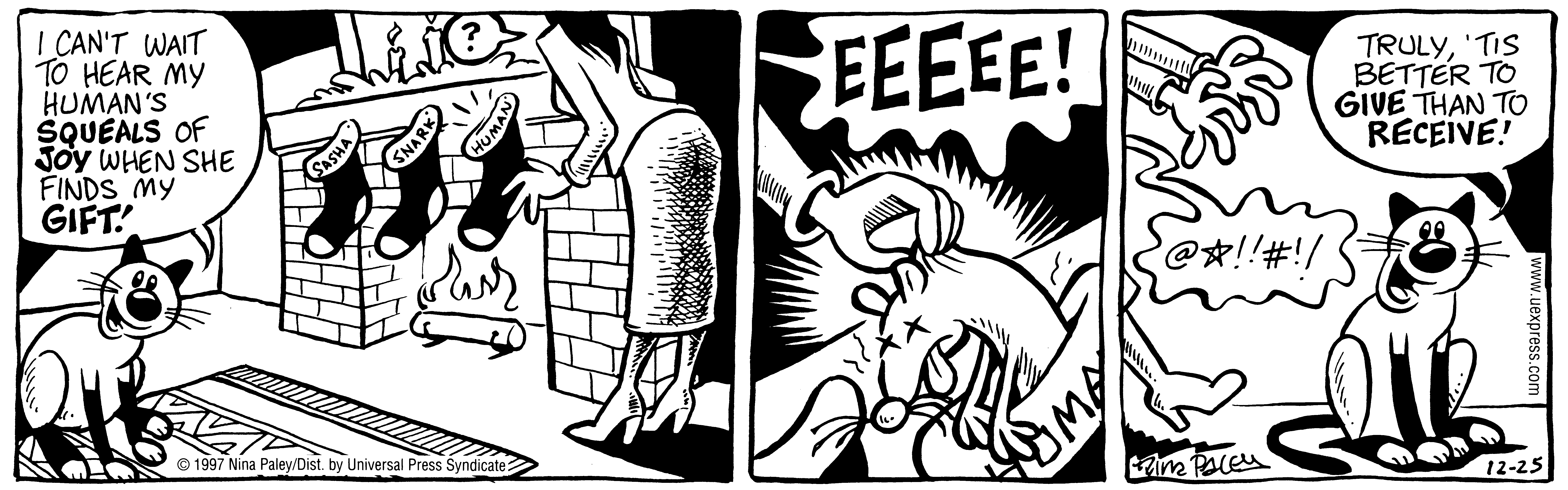 Fluff daily strip, Dec 25, 1997. Nina Paley, CC BY-SA 3.0 US. Print master from https://archive.org/details/FluffComicStrips (TIFF converted losslessly to PNG for the web).
