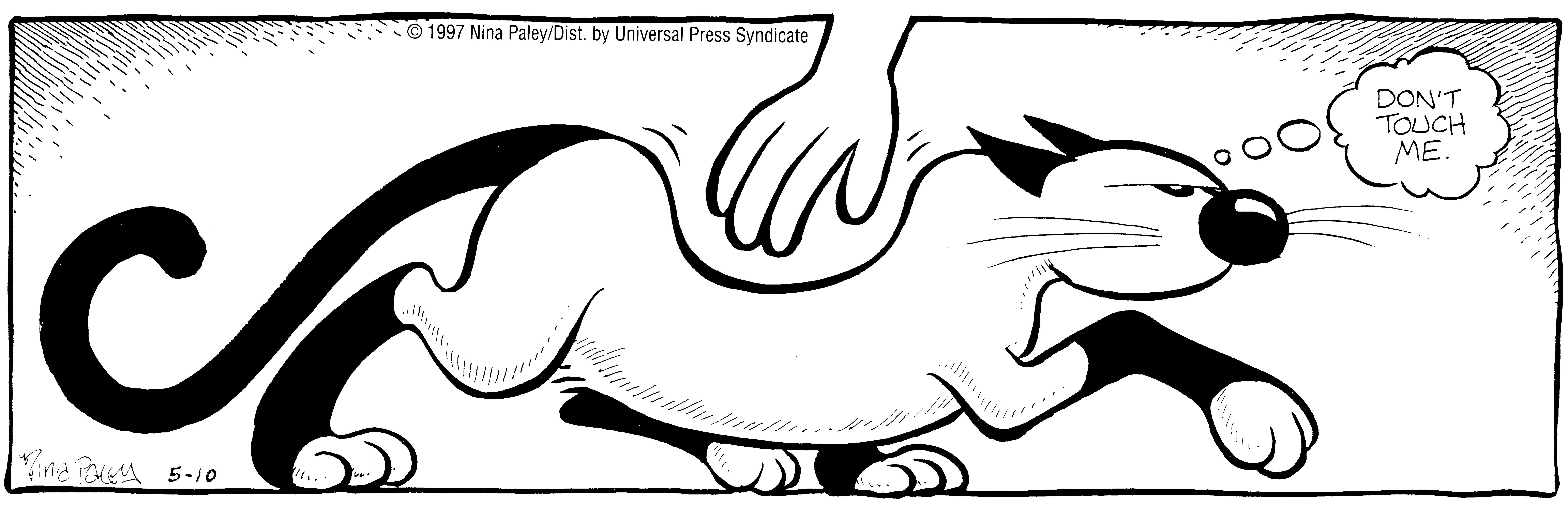 Fluff daily strip, May 10, 1997. Nina Paley, CC BY-SA 3.0 US. Print master from https://archive.org/details/FluffComicStrips (TIFF converted losslessly to PNG for the web).