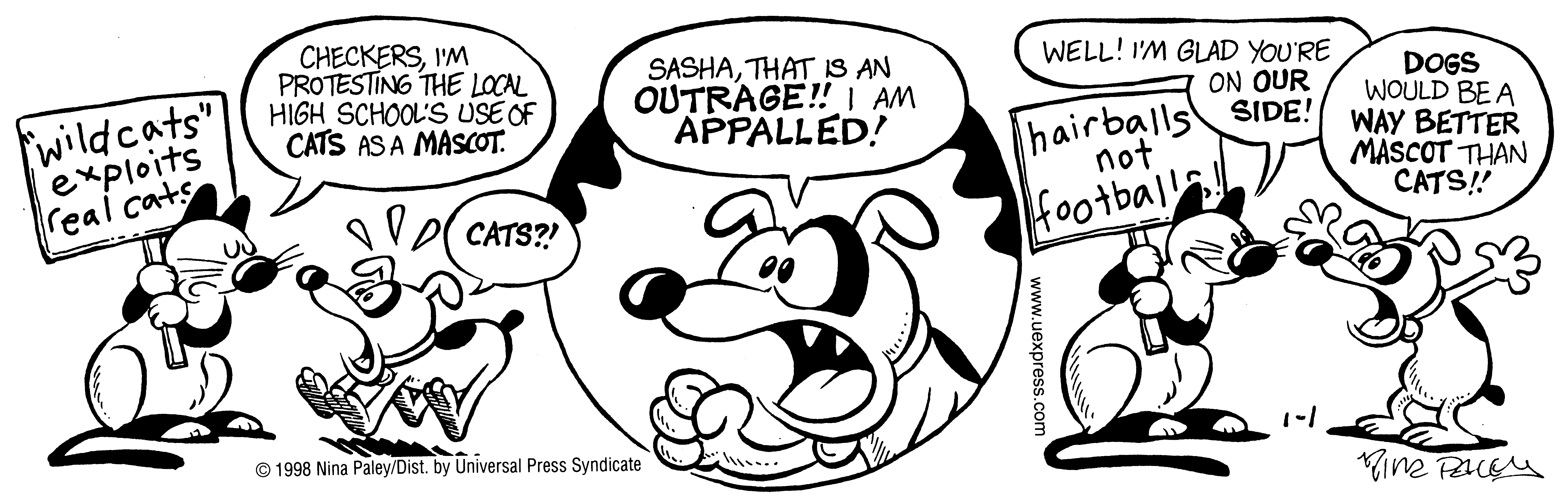 Fluff daily strip, Jan 1, 1998. Nina Paley, CC BY-SA 3.0 US. Print master from https://archive.org/details/FluffComicStrips (TIFF converted losslessly to PNG for the web).